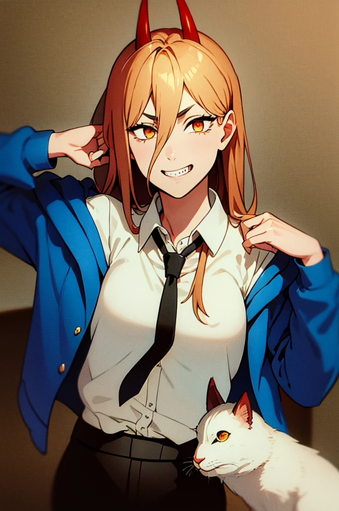 (masterpiece, best quality:1.2), cowboy shot, solo, 1girl, power \(csm\), sharp teeth, grin, looking at viewer, cross-shaped pupils, blue jacket, collared shirt, black necktie, black pants, holding a white cat, dinamic poses
