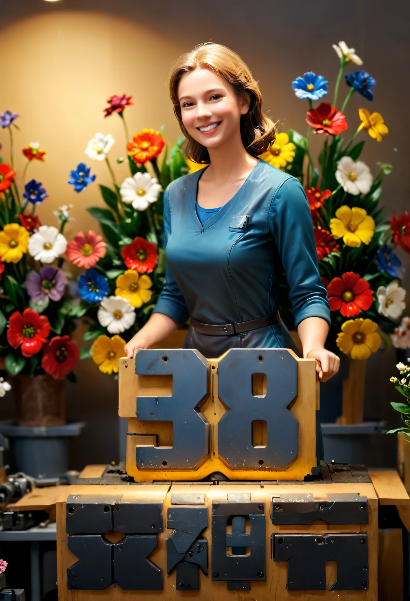 (number art,Realistic,Lifelike),1 smiling female worker in a machine workshop,flowers and gifts,(3d sculpture,rendering by octane,volumettic light, Chiaroscuro,Ray Tracing),ohwx