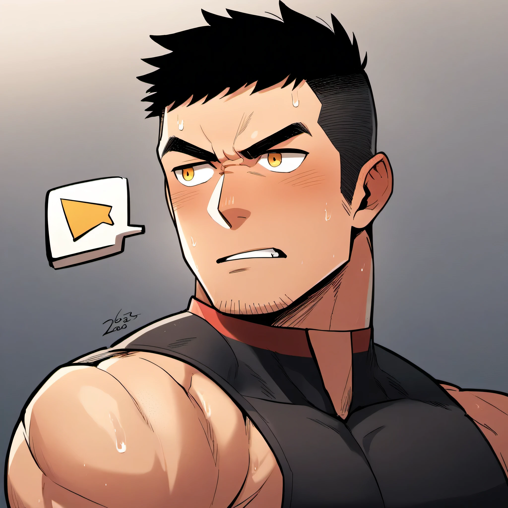 1 sports boy, male focus, Black tight vest, muscular male, muscular, only, Upper body, alone, look to the side, dialog box, short hair, stubble, blush, Sweat, black hair, yellow eyes, open lips, White background, simple background, amazing quality, best aesthetics, Ridiculous, 2023, V-shaped eyebrows, Jiliu, short hair, Grit your teeth, best quality