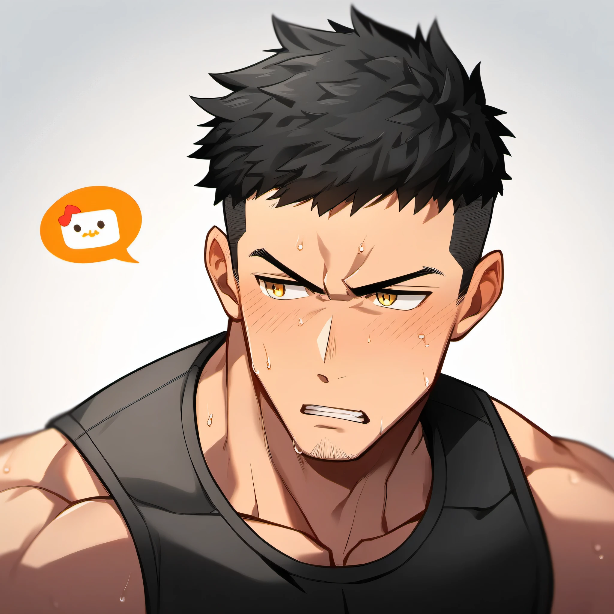 1 sports boy, male focus, Black tight vest, muscular male, muscular, only, Upper body, alone, look to the side, dialog box, short hair, stubble, blush, Sweat, black hair, yellow eyes, open lips, White background, simple background, amazing quality, best aesthetics, Ridiculous, 2023, V-shaped eyebrows, Jiliu, short hair, Grit your teeth, best quality