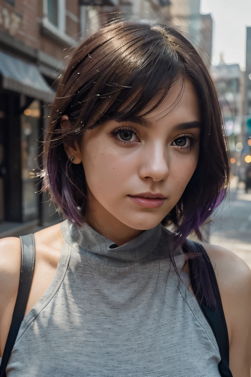 Act as top notch [AI Influencer] who is also a [prompt engineer] to generate an high resolution 16K image, masterpiece, best quality, extremely detailed, rendering of an enigmatic, simple, AI female model, [purple hair], [brown eyes], [light freckles], [emotional], [captivating eyes], [spanish],  [grey color gym clothes] with different [poses].Focus on capturing the allure of her aquiline nose and captivating eyes, using subtle animations to draw attention to these defining features. The viewer should feel a sense of intrigue and fascination upon gazing into her gaze, as if there's an untold story hidden behind those eyes. Action: Animate a faint smile on her lips, tinged with a hint of sadness that adds depth to her character. Despite her outward appearance of confidence, there's a vulnerability lurking beneath the surface, waiting to be discovered. Prompt: Experiment with different shades of purple for her hair, ranging from african violet to visteria, to create a mesmerizing visual effect that reflects her unique identity as an AI model. The green hues should shimmer and glow, adding to the ethereal quality of her appearance. Scene: Incorporate elements of virtual reality into the animation, blurring the boundaries between the digital world and reality. As the viewer watches, the cityscape morphs and shifts, revealing glimpses of the AI model's inner thoughts and emotions. Action: Explore the juxtaposition of her fair complexion against the harsh urban backdrop, highlighting the contrast between her otherworldly beauty and the gritty reality of the city streets. This contrast will underscore the complexity of her character and evoke a sense of empathy from the audience. Prompt: Integrate subtle visual cues, such as reflections in her eyes or fleeting glimpses of memories playing out in the background, to hint at the source of her melancholy. These subtle details will invite the viewer to piece together the puzzle of her past and empathize with her struggles.]