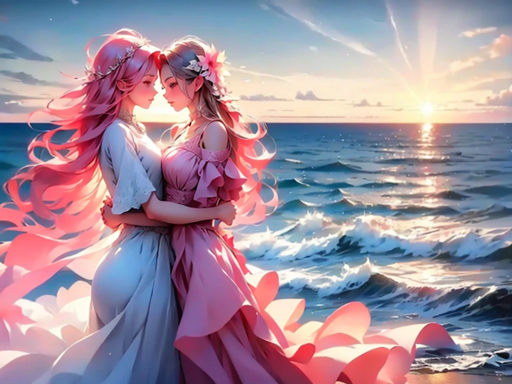 loving couple,standing in front of ((lighthouse)),watching sunrise,beautiful detailed eyes,beautiful detailed lips,extremely detailed eyes and face,long eyelashes,ocean breeze,soft sunlight,romantic atmosphere,gentle waves,sparkling water,spectacular view,sunlight reflecting on the water,serene and peaceful moment,colorful sky,orange and pink hues,crimson clouds(photorealistic:1.37),vivid colors,natural lighting,realistic textures,highres,dreamlike scene,loving embrace,close together,captivating surroundings,soft breeze caressing their faces,calm and joyous,holding hands,unconditional love,and happiness,romantic date,morning serenity,spectacular horizon,enchanting ambiance, sea gall