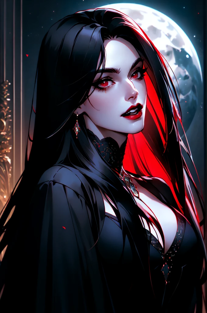 { - anatomy error}(Masterpiece - Ultra-detailed, very high resolution) portrait of vampire queen standing in dark, black hair, long hair, no pupils, no sclera, red lips, fangs, castle indoors, moonlight, particles , dinamic poses