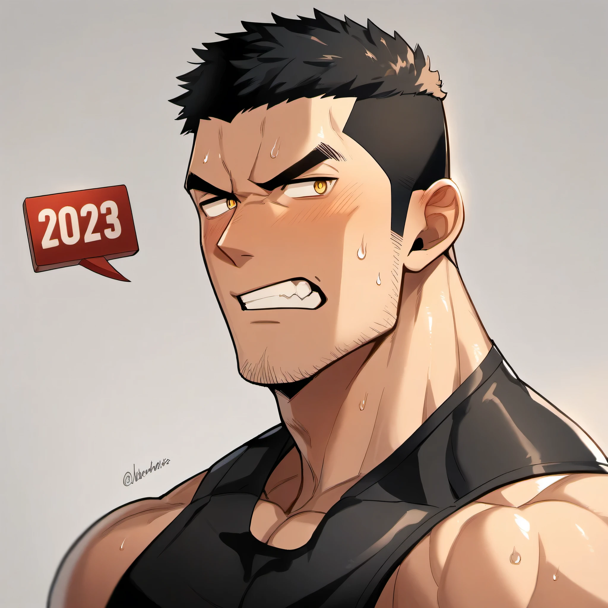 1 sports boy, male focus, Black tight vest, muscular male, muscular, only, Upper body, alone, look to the side, dialog box, short hair, stubble, blush, Sweat, black hair, yellow eyes, open lips, White background, simple background, amazing quality, best aesthetics, Ridiculous, 2023, V-shaped eyebrows, Jiliu, short hair, Grit your teeth, best quality
