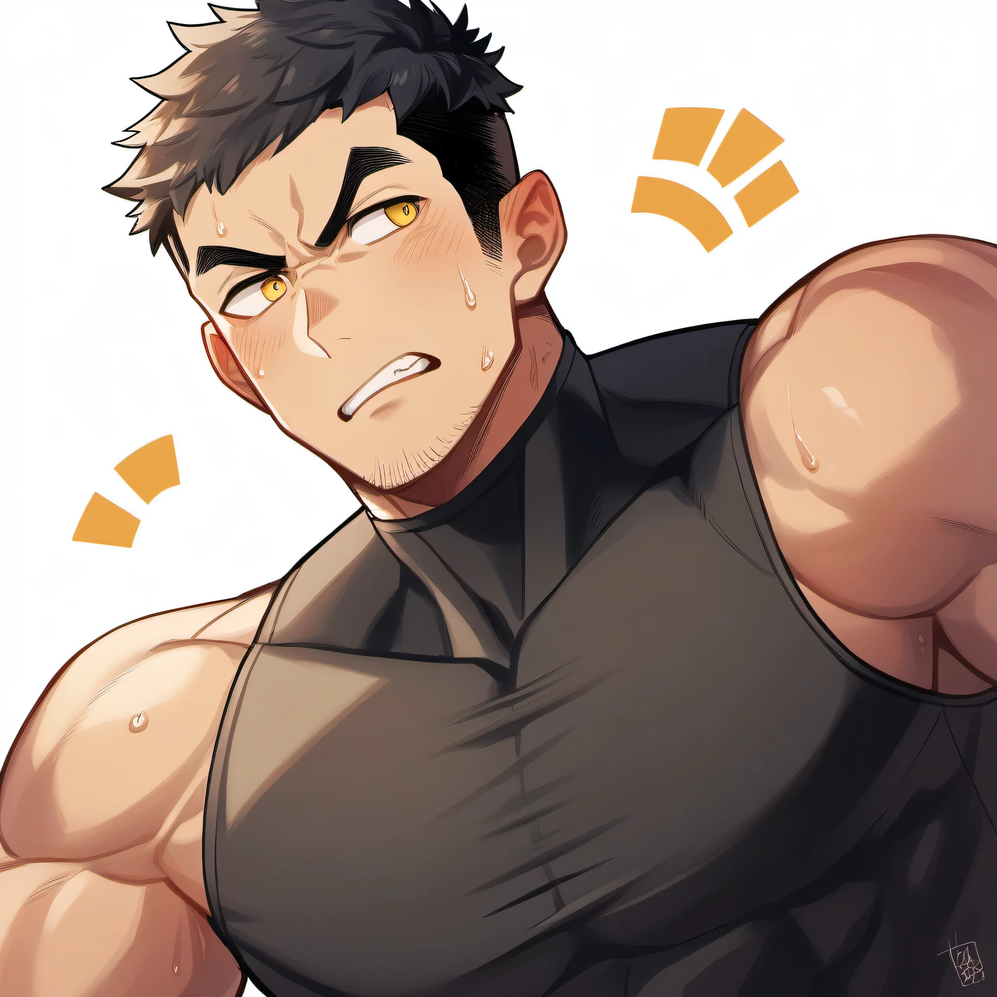 1 sports boy, male focus, Black tight vest, muscular male, muscular, only, Upper body, alone, look to the side, dialog box, short hair, stubble, blush, Sweat, black hair, yellow eyes, open lips, White background, simple background, amazing quality, best aesthetics, Ridiculous, 2023, V-shaped eyebrows, Jiliu, short hair, Grit your teeth, best quality