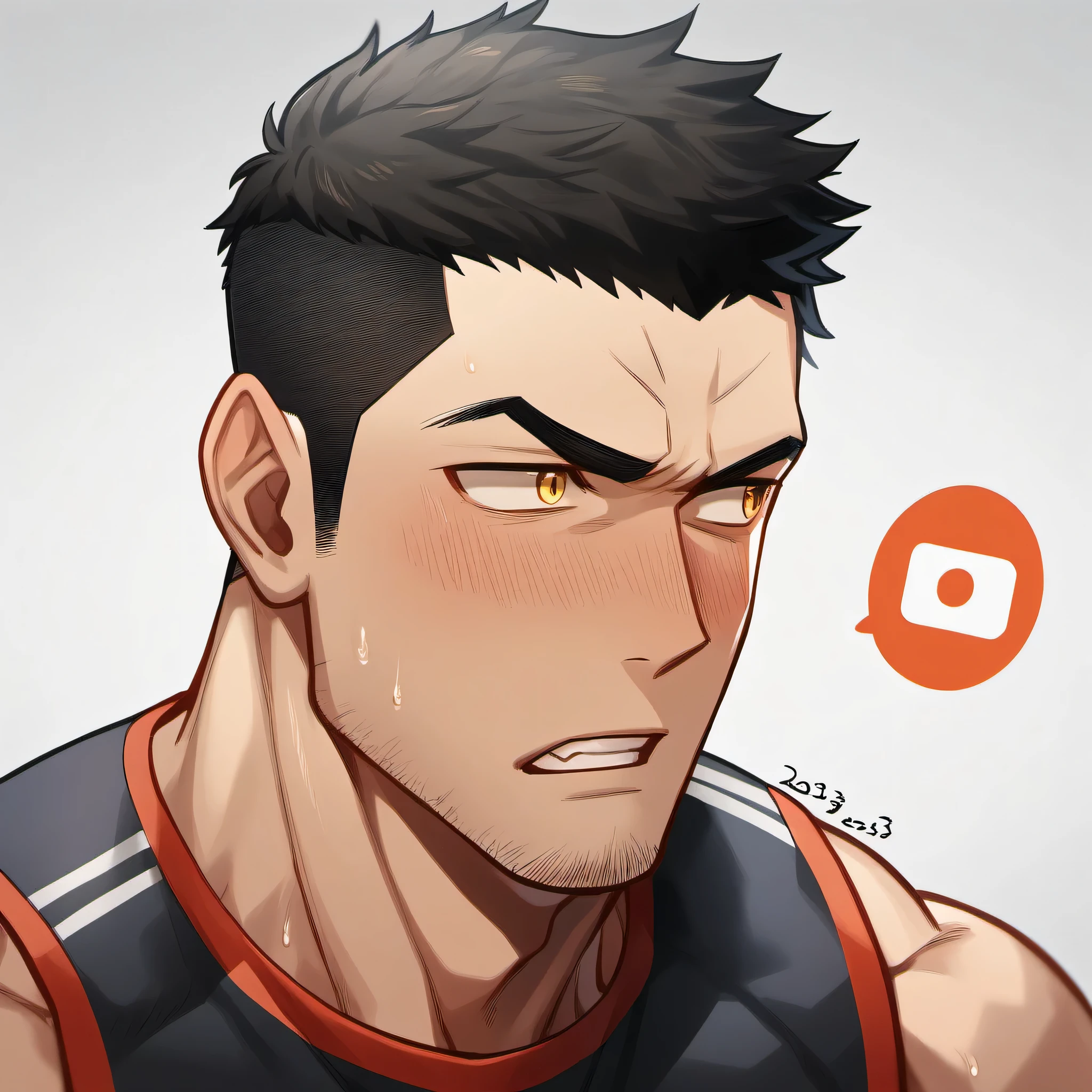 1 sports boy, male focus, Black tight vest, muscular male, muscular, only, Upper body, alone, look to the side, dialog box, short hair, stubble, blush, Sweat, black hair, yellow eyes, open lips, White background, simple background, amazing quality, best aesthetics, Ridiculous, 2023, V-shaped eyebrows, Jiliu, short hair, Grit your teeth, best quality