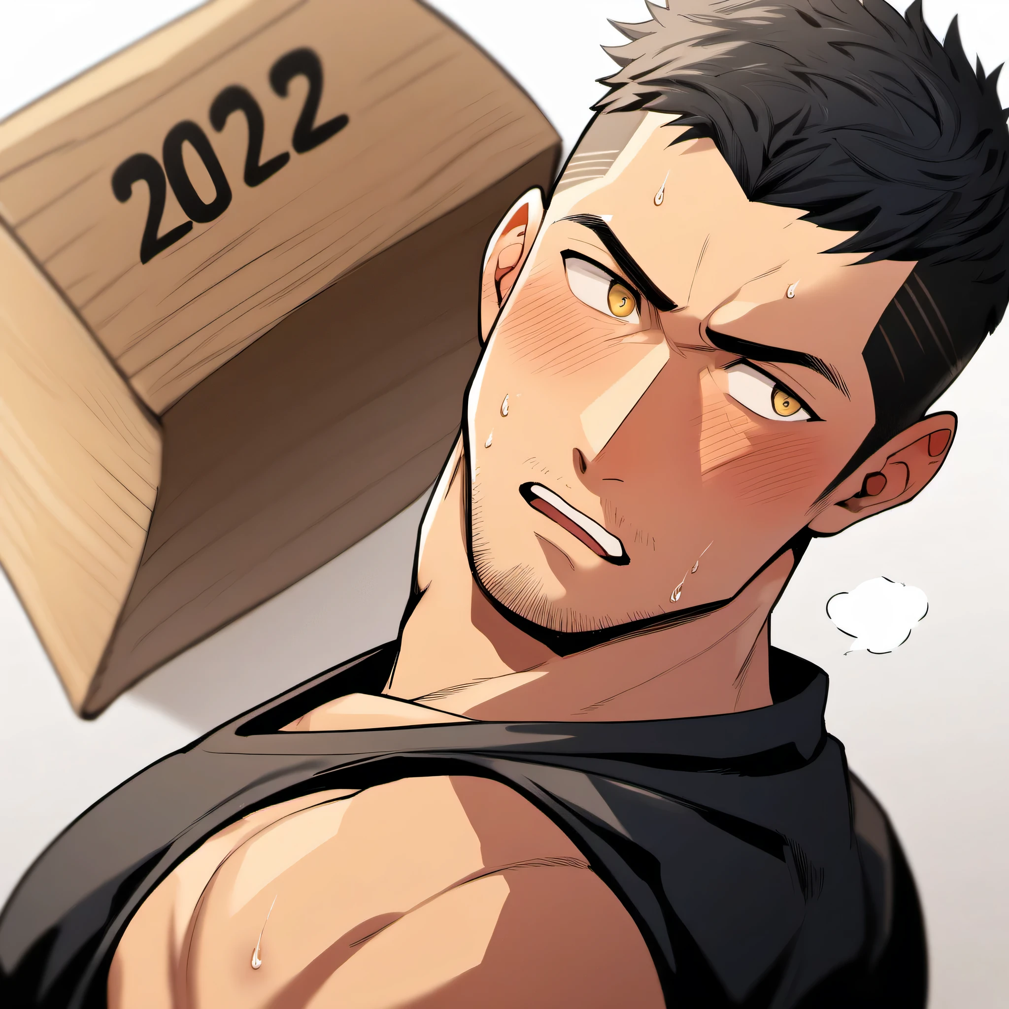 1 sports boy, male focus, Black tight vest, muscular male, muscular, only, Upper body, alone, look to the side, dialog box, short hair, stubble, blush, Sweat, black hair, yellow eyes, open lips, White background, simple background, amazing quality, best aesthetics, Ridiculous, 2023, short hair, moan, best quality