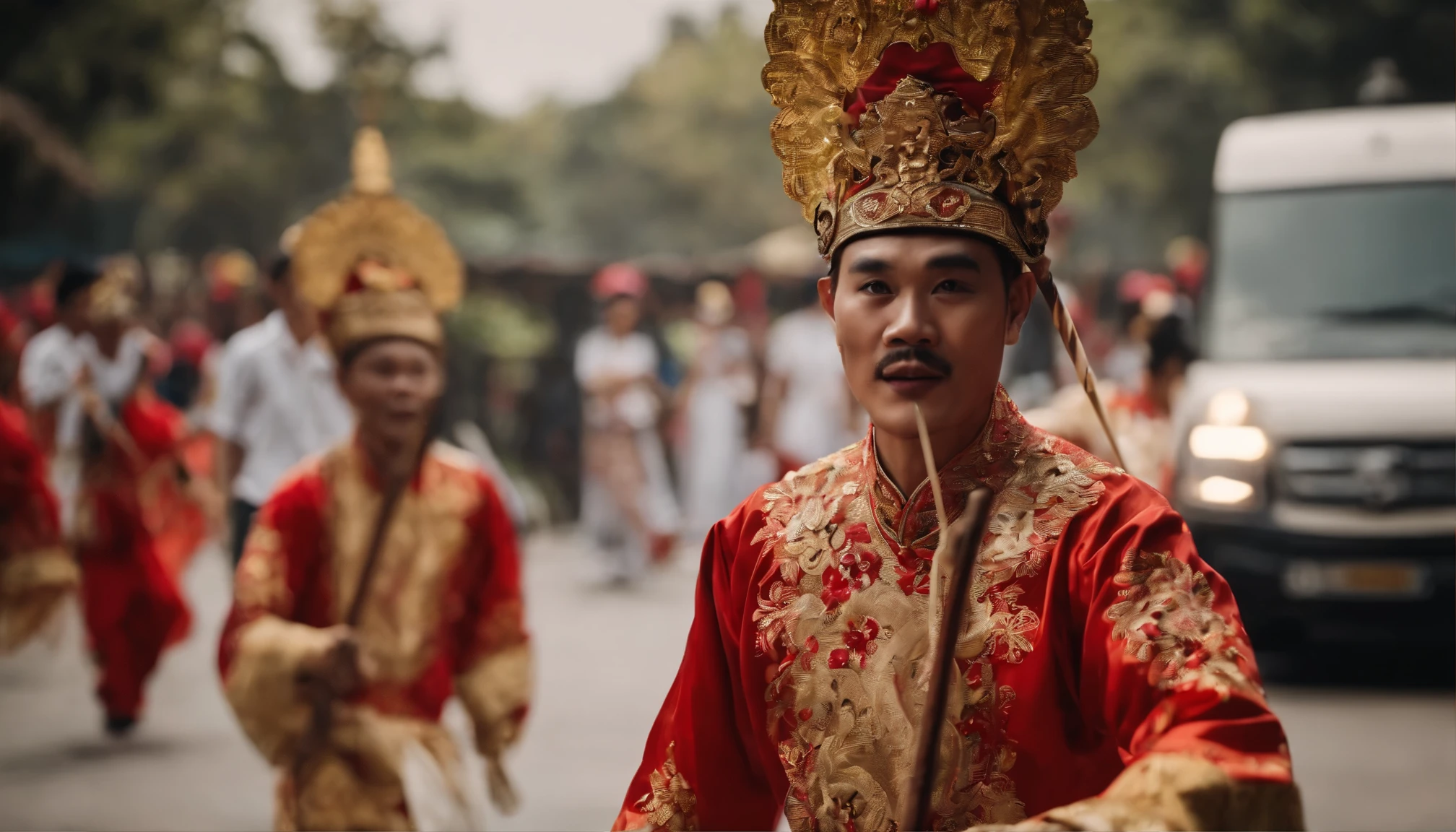 Male Stick dancer in colorful costumes are dancing in a parade, old city festival, peking opera mask, chinese new year in jakarta, Peking Opera Festival, javanese dancer, javA heritage, traditional kebaya costume, elaborate costume, traditional wayang, dreamland of chinese, traditional chinese clothing, chinese costume, traditional costume, jumping around holding sticks, beautiful image ((short DRUM sticks)) WAYANG WONG BATIK