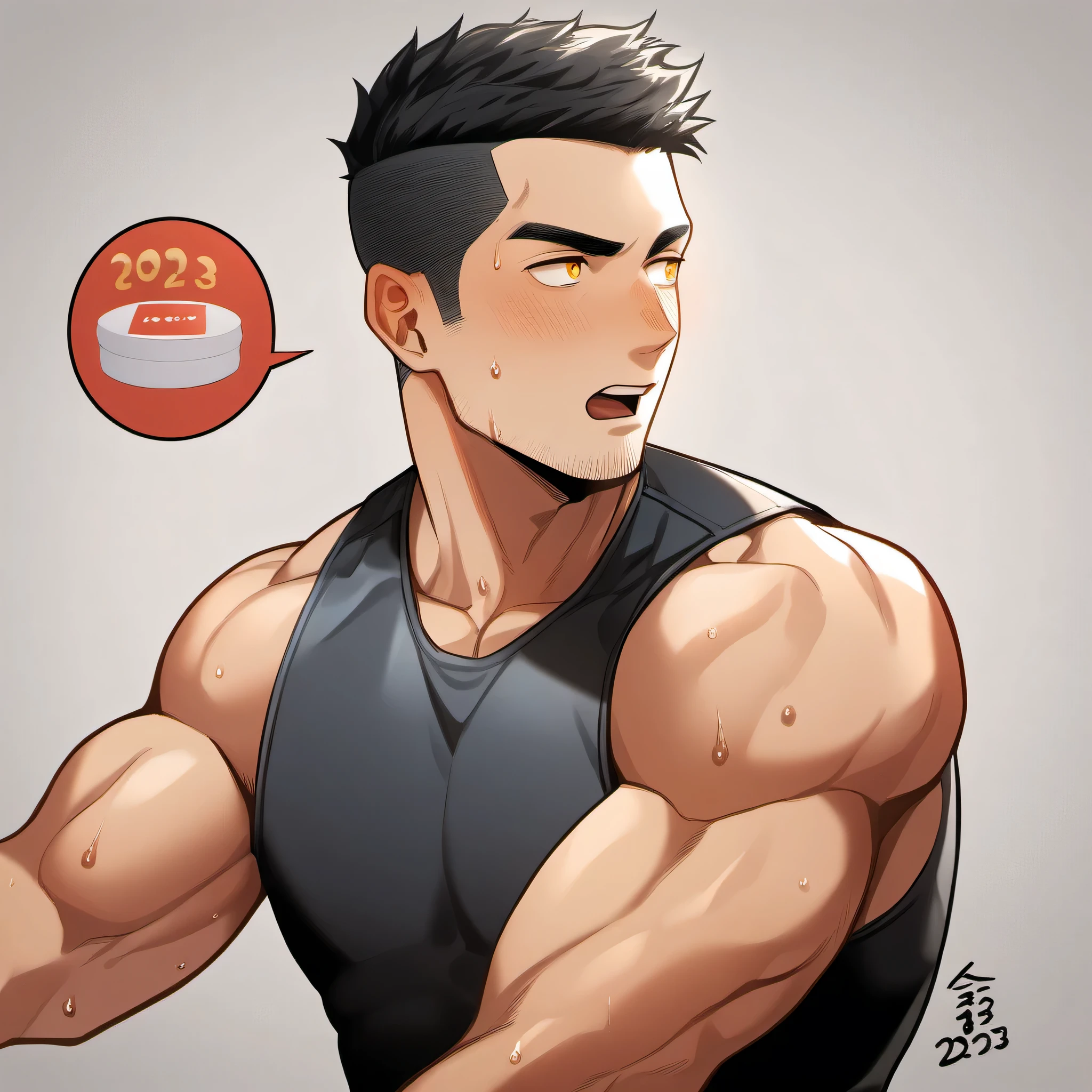 1 sports boy, male focus, Black tight vest, muscular male, muscular, only, Upper body, alone, look to the side, dialog box, short hair, stubble, blush, Sweat, black hair, yellow eyes, open lips, White background, simple background, amazing quality, best aesthetics, Ridiculous, 2023, short hair, moan, best quality