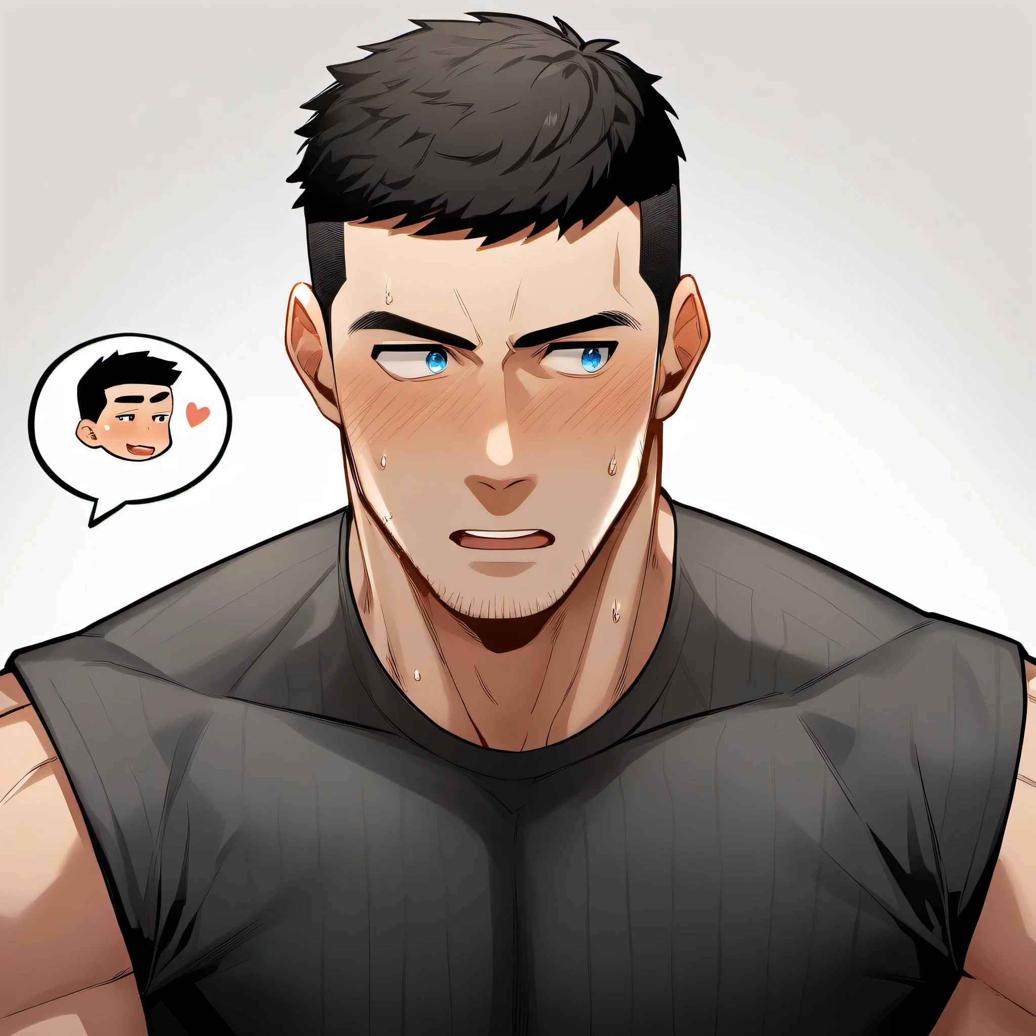 1 sports boy, male focus, Black tight vest, muscular male, muscular, only, Upper body, alone, look to the side, dialog box, short hair, stubble, blush, Sweat, black hair, blue eyes, open lips, White background, simple background, amazing quality, best aesthetics, Ridiculous, 2023, short hair, moan, best quality