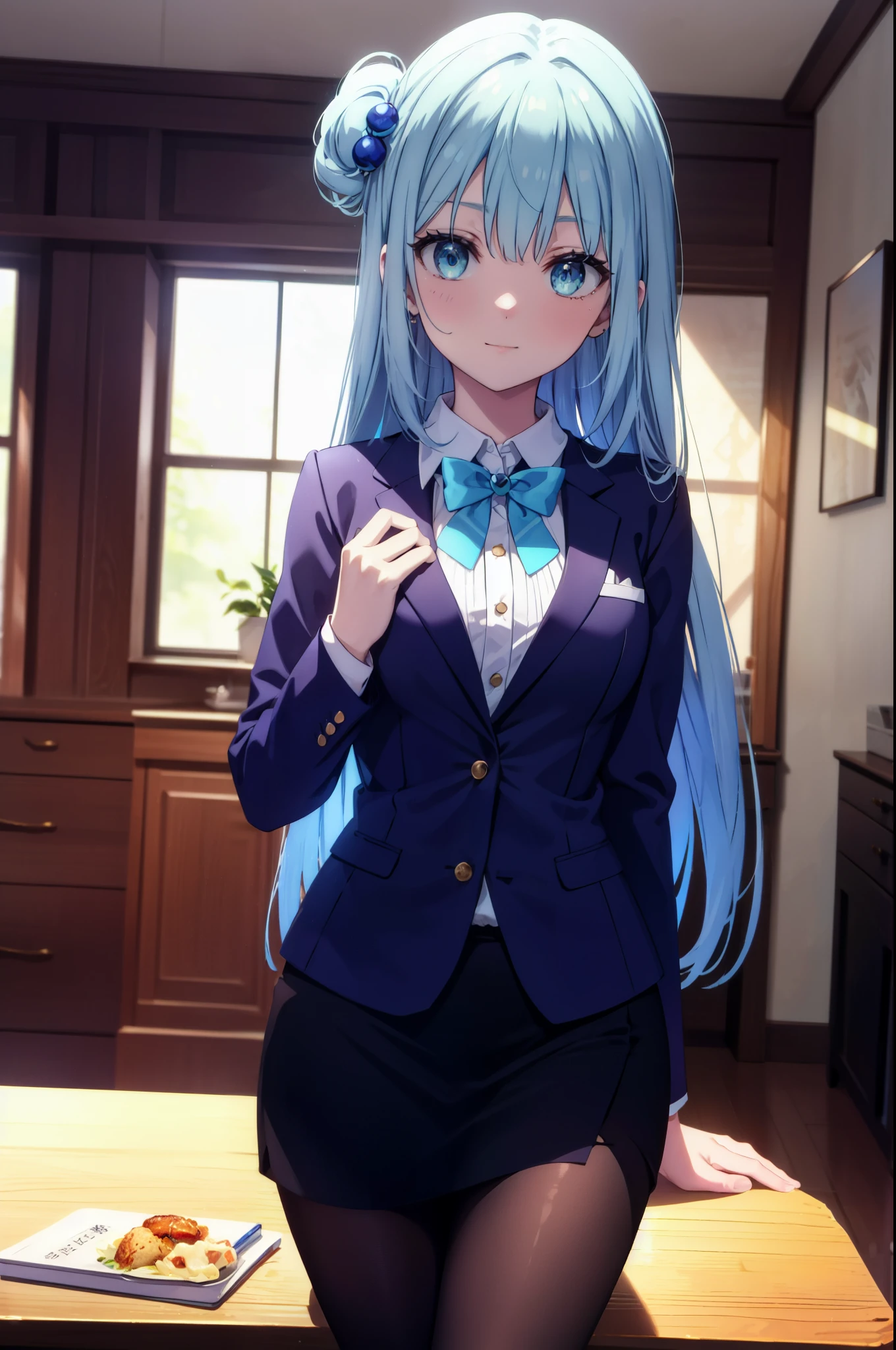 konosubaaqua, aqua, long hair, blue eyes, hair ornaments, very long hair, blue hair, hair ring, シングルhair ring, hair bobble,smile,happy atmosphere,black suit jacket, collared jacket, white dress shirt, collared shirt, neckline, button, strap, ID card on neck, black pencil skirt, black pantyhose, looking at the viewer, medium chest,there is food on the table,sitting cross-legged on a chair,
break indoor, canteen,
break looking at viewer, (cowboy shot:1.5),
break (masterpiece:1.2), highest quality, High resolution, unity 8k wallpaper, (figure:0.8), (detailed and beautiful eyes:1.6), highly detailed face, perfect lighting, Very detailed CG, (perfect hands, perfect anatomy),