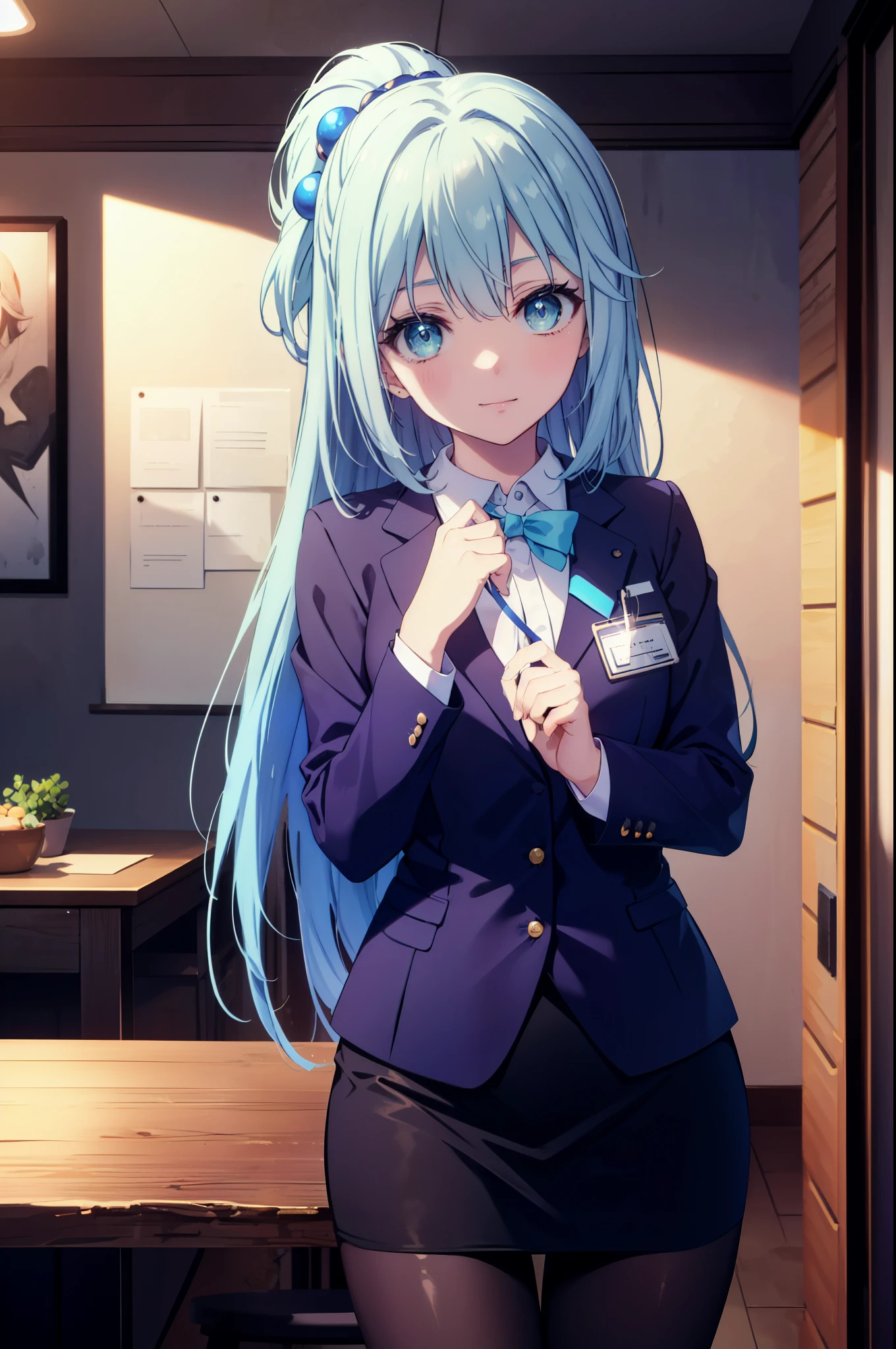 konosubaaqua, aqua, long hair, blue eyes, hair ornaments, very long hair, blue hair, hair ring, シングルhair ring, hair bobble,smile,happy atmosphere,black suit jacket, collared jacket, white dress shirt, collared shirt, neckline, button, strap, ID card on neck, black pencil skirt, black pantyhose, looking at the viewer, medium chest,there is food on the table,sitting cross-legged on a chair,
break indoor, canteen,
break looking at viewer, (cowboy shot:1.5),
break (masterpiece:1.2), highest quality, High resolution, unity 8k wallpaper, (figure:0.8), (detailed and beautiful eyes:1.6), highly detailed face, perfect lighting, Very detailed CG, (perfect hands, perfect anatomy),