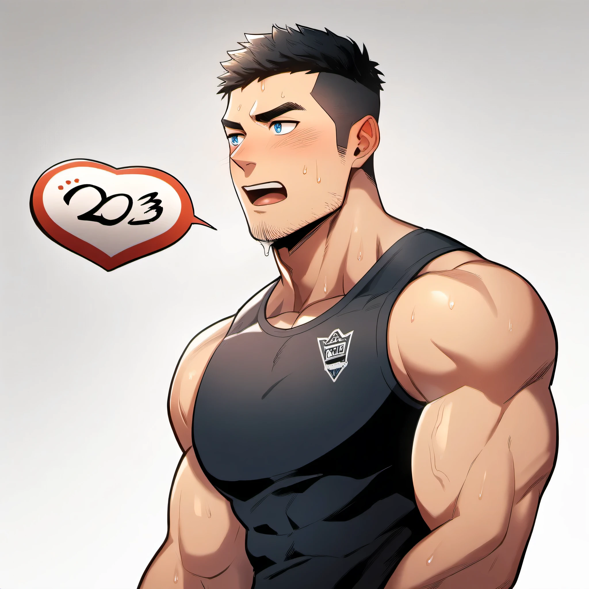 1 sports boy, male focus, Black tight vest, muscular male, muscular, only, Upper body, alone, look to the side, dialog box, short hair, stubble, blush, Sweat, black hair, blue eyes, open lips, White background, simple background, amazing quality, best aesthetics, Ridiculous, 2023, short hair, moan, best quality