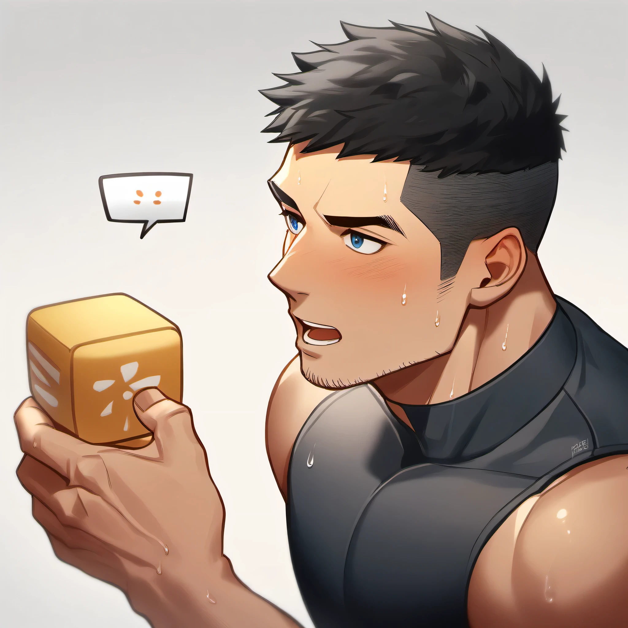 1 sports boy, male focus, Black tight vest, muscular male, muscular, only, Upper body, alone, look to the side, dialog box, short hair, stubble, blush, Sweat, black hair, blue eyes, open lips, White background, simple background, amazing quality, best aesthetics, Ridiculous, 2023, short hair, moan, best quality