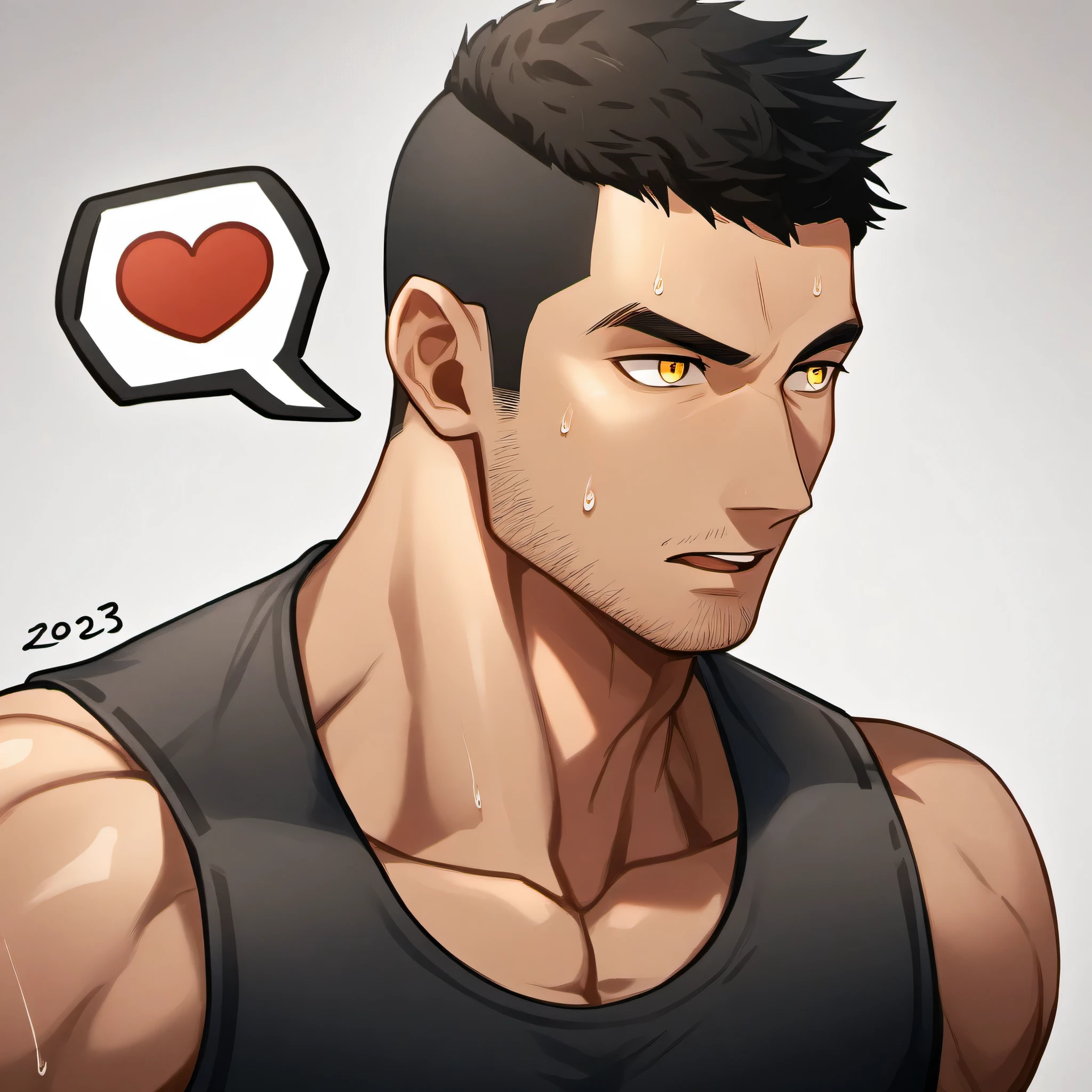 1 sports boy, male focus, Black tight vest, muscular male, muscular, only, Upper body, alone, look to the side, dialog box, short hair, stubble, Sweat, black hair, yellow eyes, open lips, White background, simple background, amazing quality, best aesthetics, Ridiculous, 2023, short hair, moan, best quality