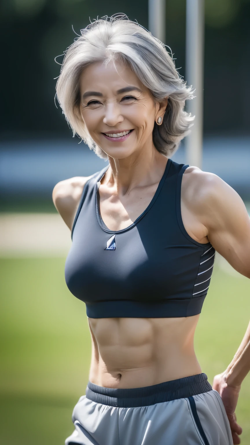 (((A 60-year-old woman))),(((real lighting,Real picture quality,Real skin texture,,best quality, Ultra-clear 8K,Vision, masterpiece:1.3)), (((gray hair),lush hair)),(((There are many wrinkles on the face,Wrinkles have obvious details))),(((black eyes,Smile))),(Blue sleeveless tracksuit,Yoga),The face is very delicate,Super thin face,The face is very classy,double eyelids,Too much hair,Well proportioned,long pants,playground，Muscle lines，abdomen