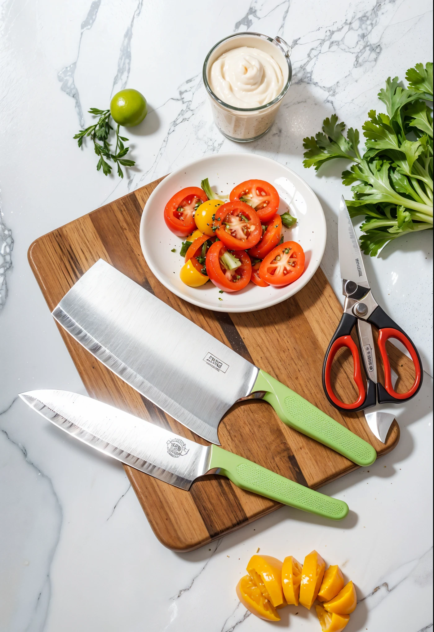 There are 2 kitchen knives on the chopping board, 1 kitchen scissors, many vegetables on the table, sunshine, marble table, kitchen, photo-realistic, realistic, natural light, high definition, 8K, high-definition aesthetics, 4k, metal texture.