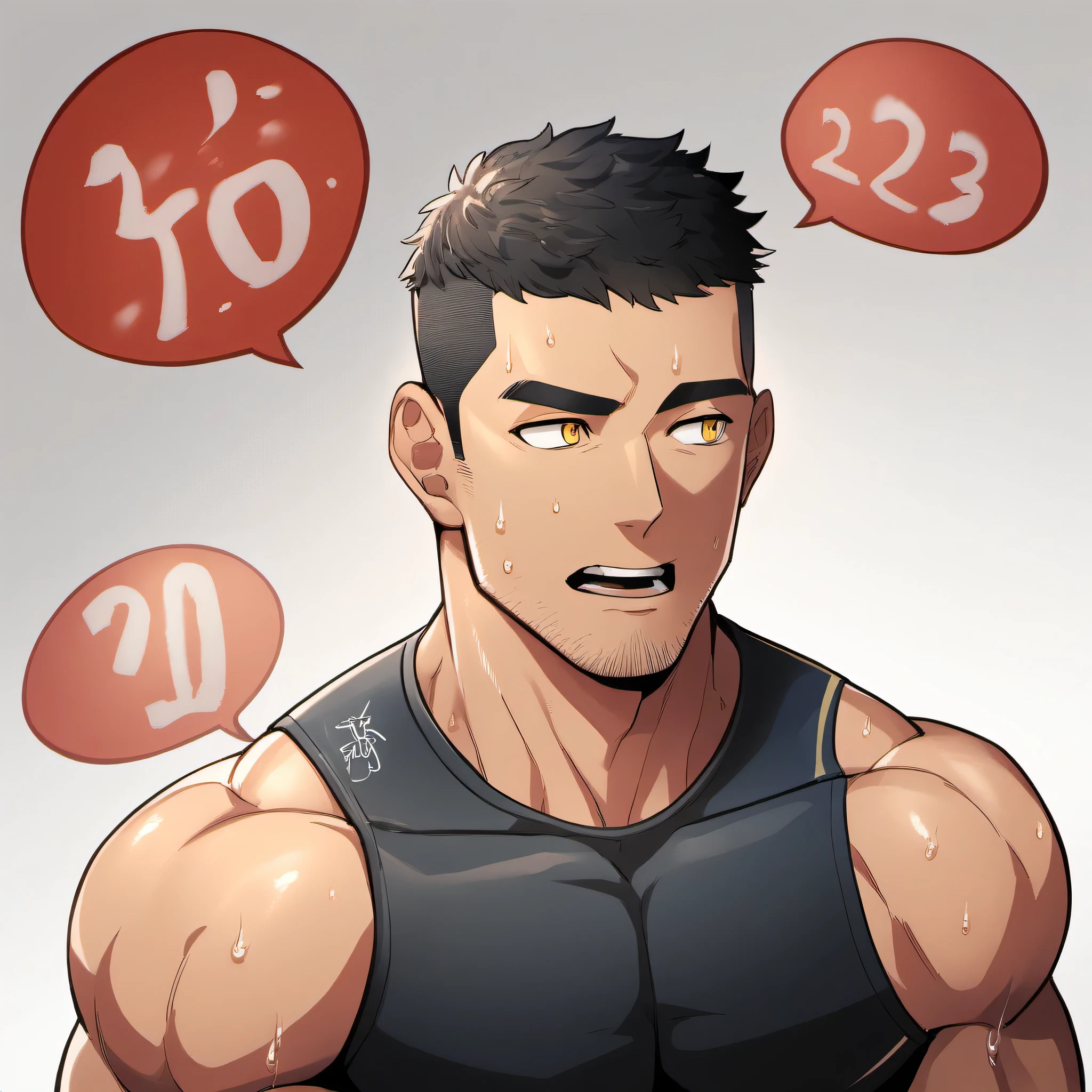 1 sports boy, male focus, Black tight vest, muscular male, muscular, only, Upper body, alone, look to the side, dialog box, short hair, stubble, Sweat, black hair, yellow eyes, open lips, White background, simple background, amazing quality, best aesthetics, Ridiculous, 2023, short hair, moan, best quality