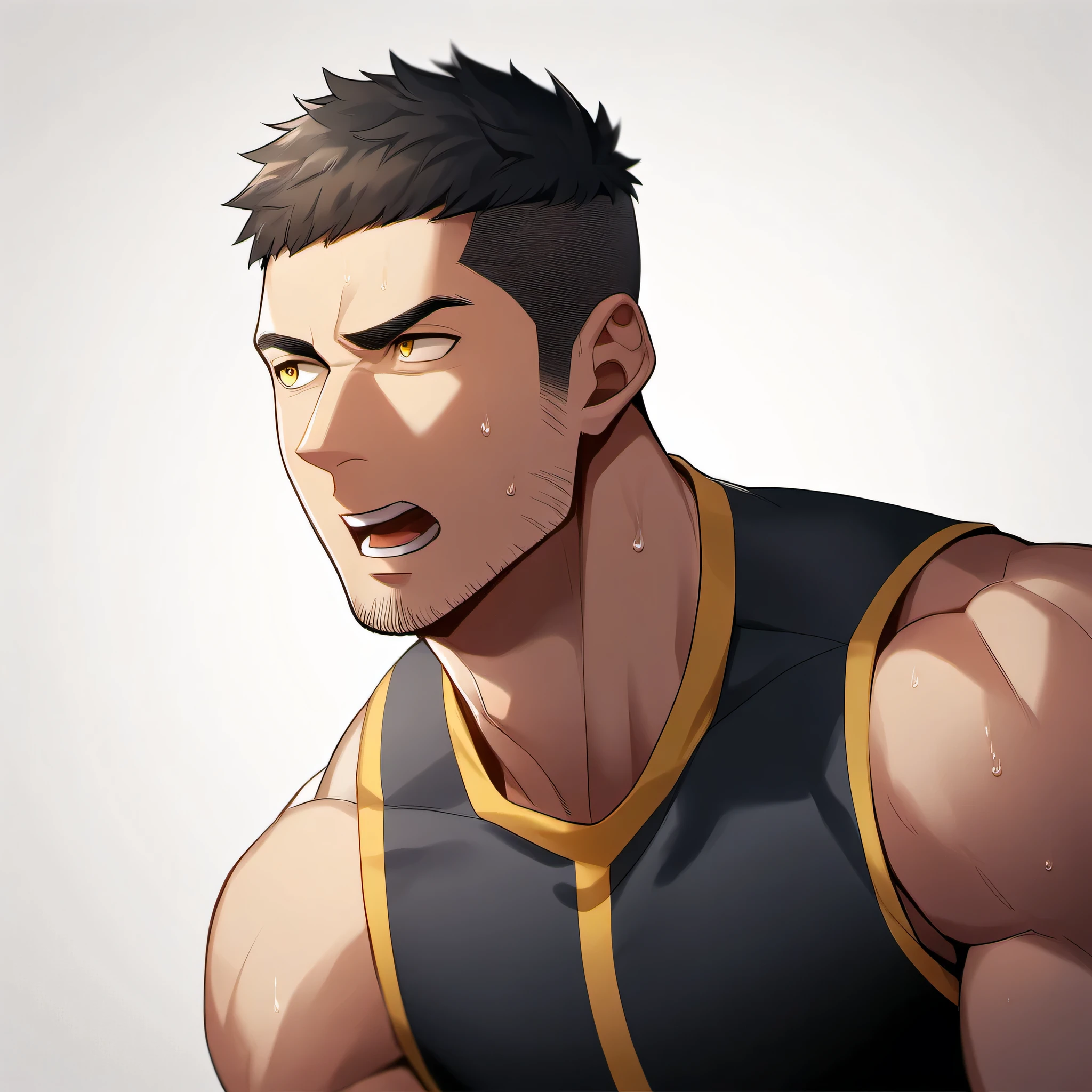 1 sports boy, male focus, Black tight vest, muscular male, muscular, only, Upper body, alone, look to the side, short hair, stubble, Sweat, black hair, yellow eyes, open lips, White background, simple background, amazing quality, best aesthetics, Ridiculous, short hair, moan, best quality