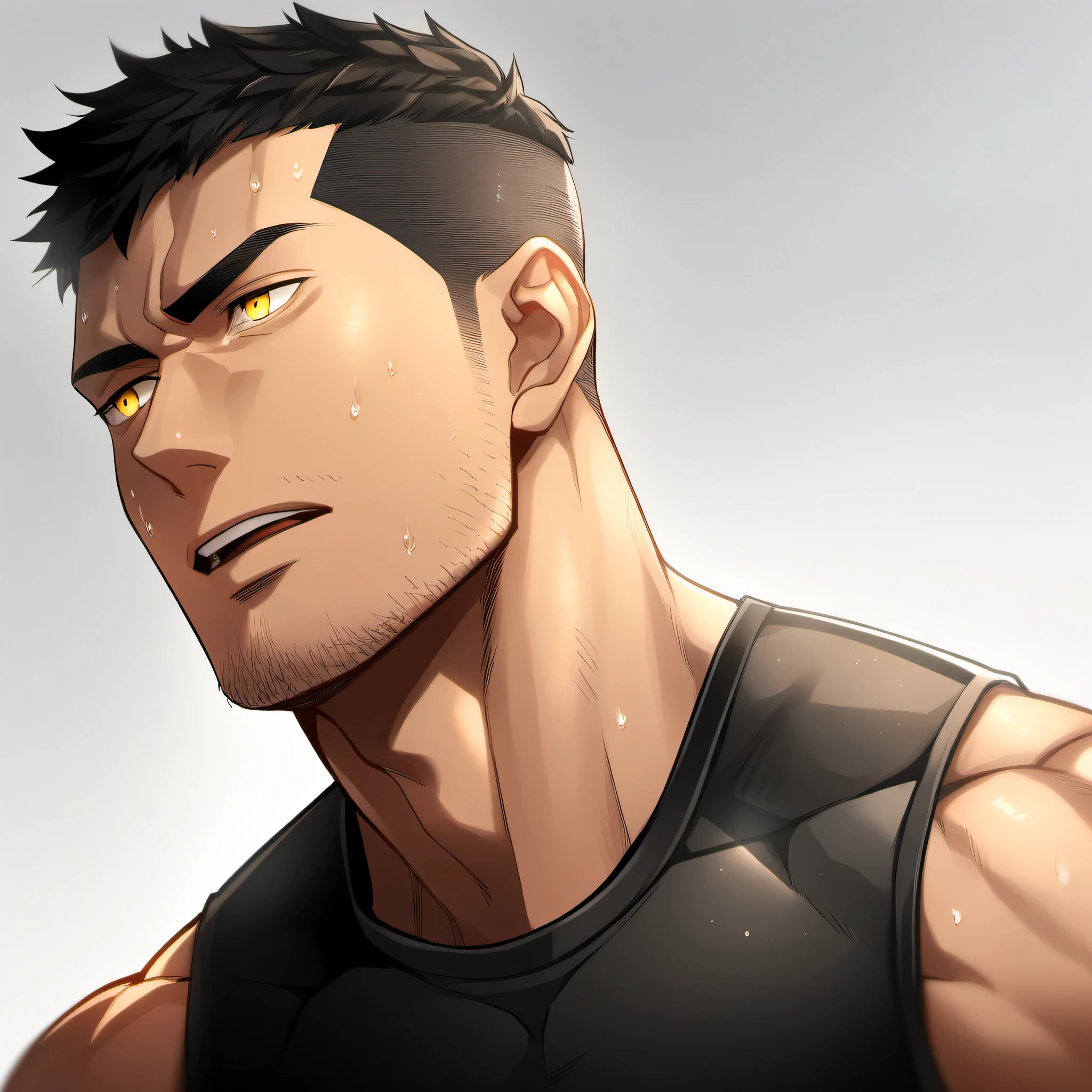1 sports boy, male focus, Black tight vest, muscular male, muscular, only, Upper body, alone, look to the side, short hair, stubble, Sweat, black hair, yellow eyes, open lips, White background, simple background, amazing quality, best aesthetics, Ridiculous, short hair, moan, best quality