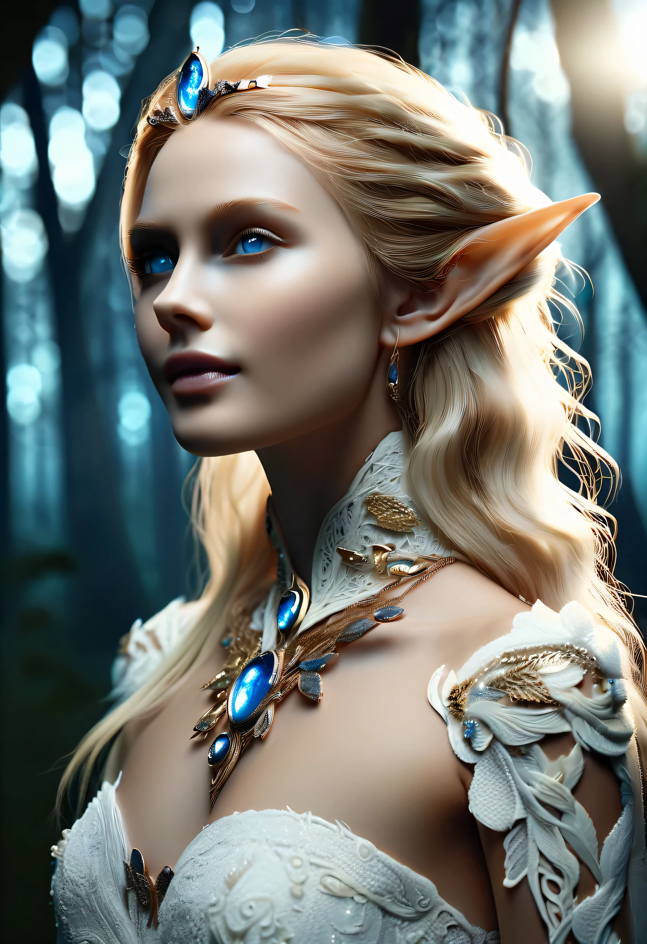 Old Master Painting, dark aesthetic, look straight ahead,
（Close-up of the top of the neck of a charming Nordic light elf), Has blonde hair, blue eyes, Exceptionally beautiful, minimalist, eternal melancholy, Stylish photography style, Dramatic firefly light, black to black, Asymmetrical composition, concept fantasy, intricate details, Perfect body, radiant skin, expressive eyes, High cheekbones, Delicate nose, bright smile, flowing hair, Wearing an exquisite white high-end lace wedding dress, Forest background under moonlight, Advertising style shoot, romantic wedding photography style, soft natural light, Shot with Canon AE-1 film camera, Lens 50mm, F/1.8, Deep light, pastel color palette, Very detailed, 8k,