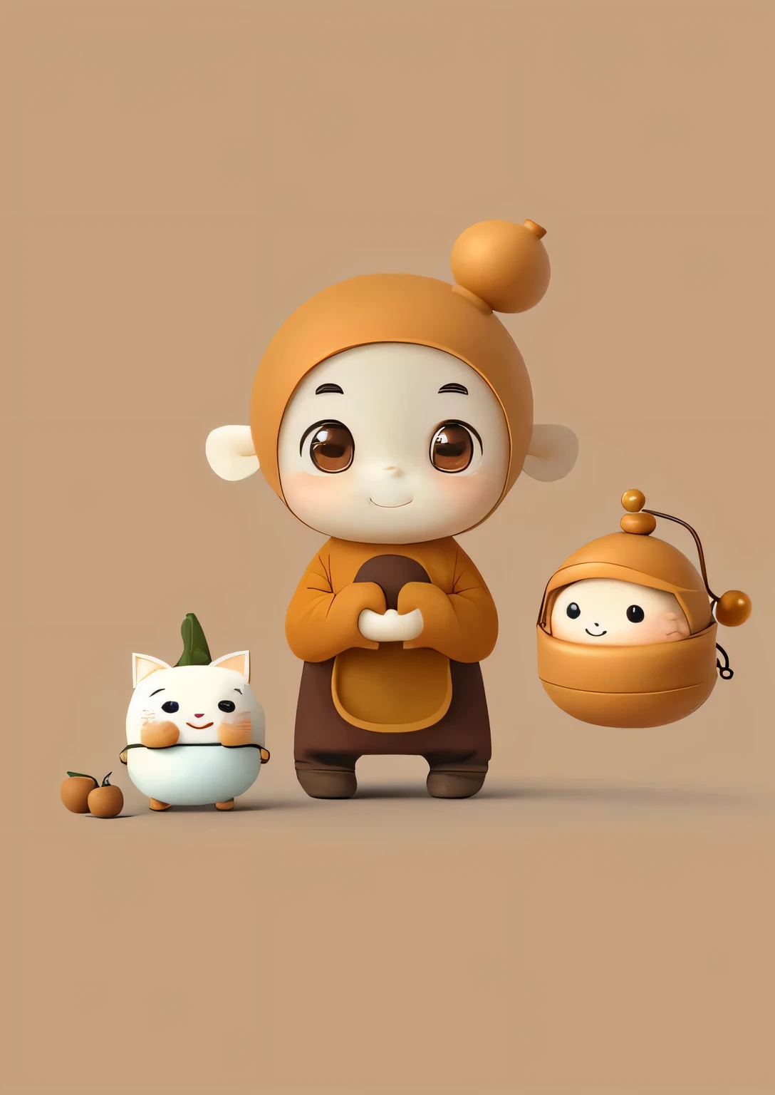 mascot, Lovely cartoon character, Lovely:2, monk, Lovely cartoon, Lovely character, umaru-chan, Have a small nose, Lovely face big eyes and smiley, sugar, Lovely boy, cartoonish Lovely, Cartoon image, Lovely large eyes，gourd，Brown clothing，Brown body，Blind box style