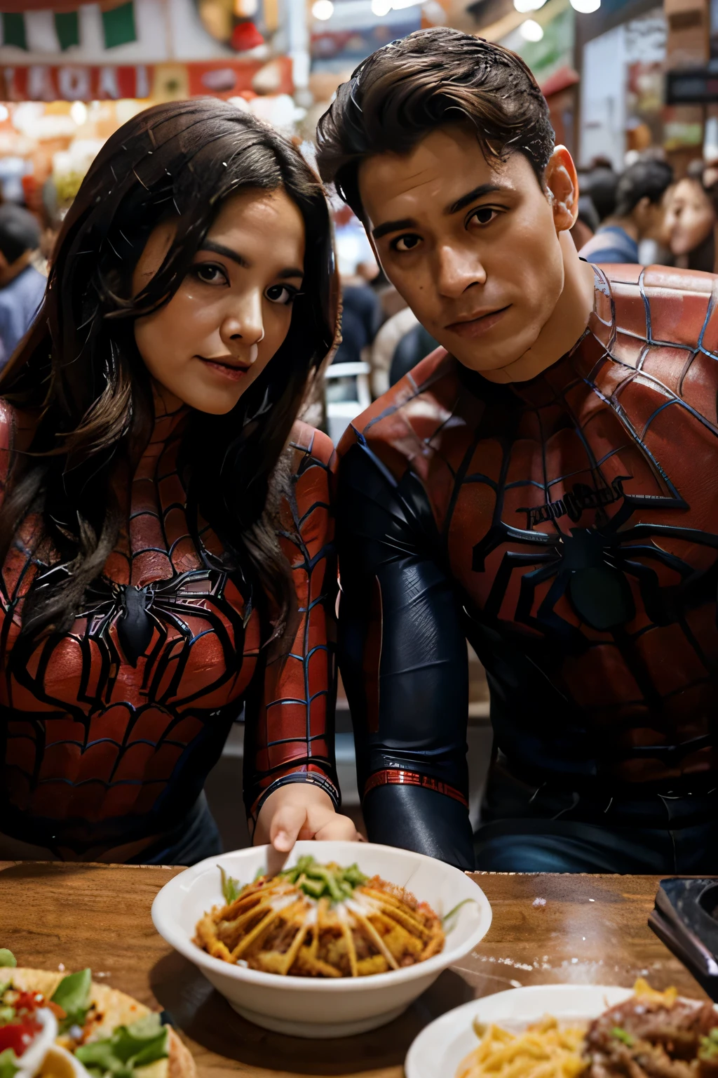 spiderman y spiderwoman con mascara romantico comiendo tacos en un mercado de la ciudad de mexico, realista, comic art