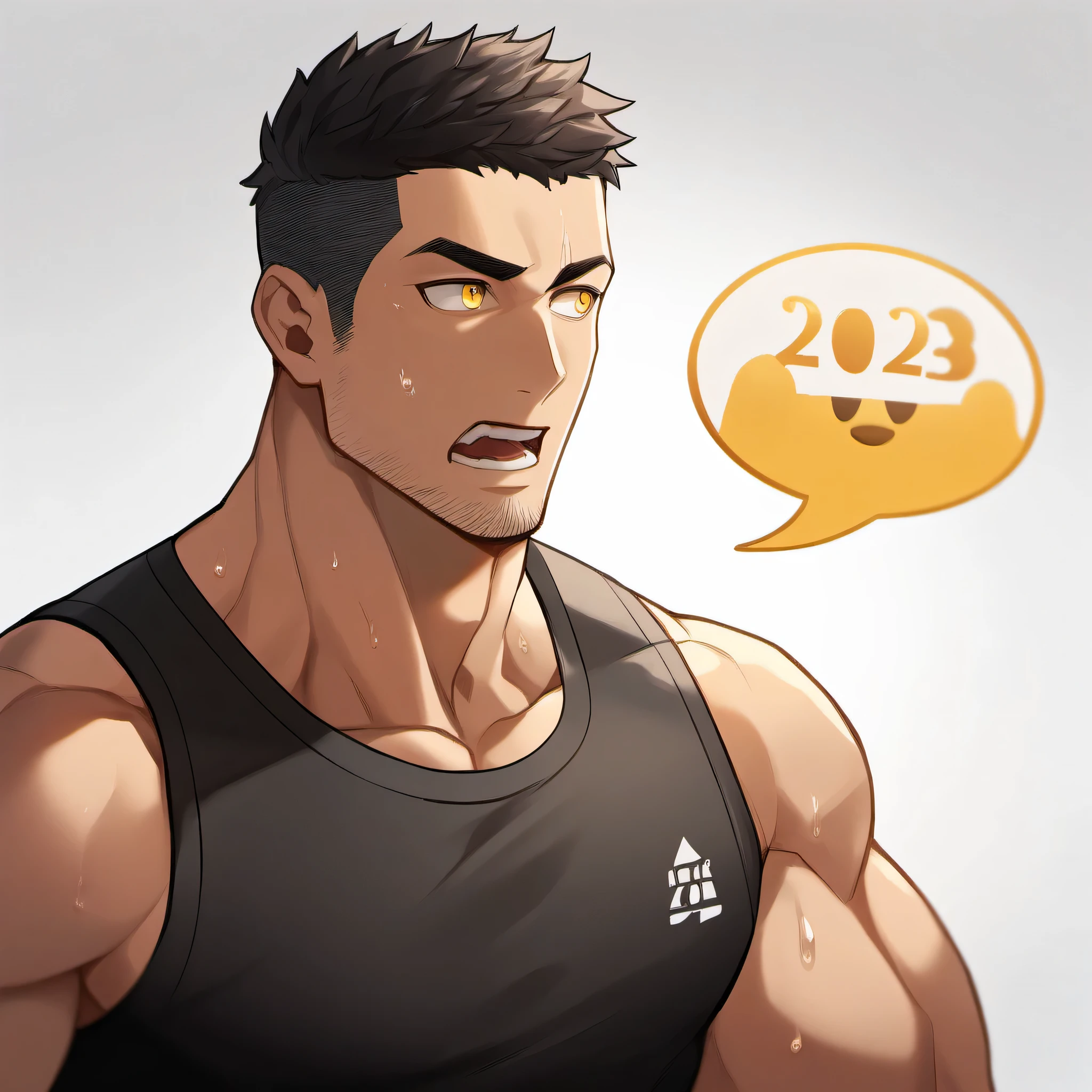 1 sports boy, male focus, Black tight vest, muscular male, muscular, only, Upper body, alone, look to the side, dialog box, short hair, stubble, Sweat, black hair, yellow eyes, open lips, White background, simple background, amazing quality, best aesthetics, Ridiculous, 2023, short hair, moan, best quality