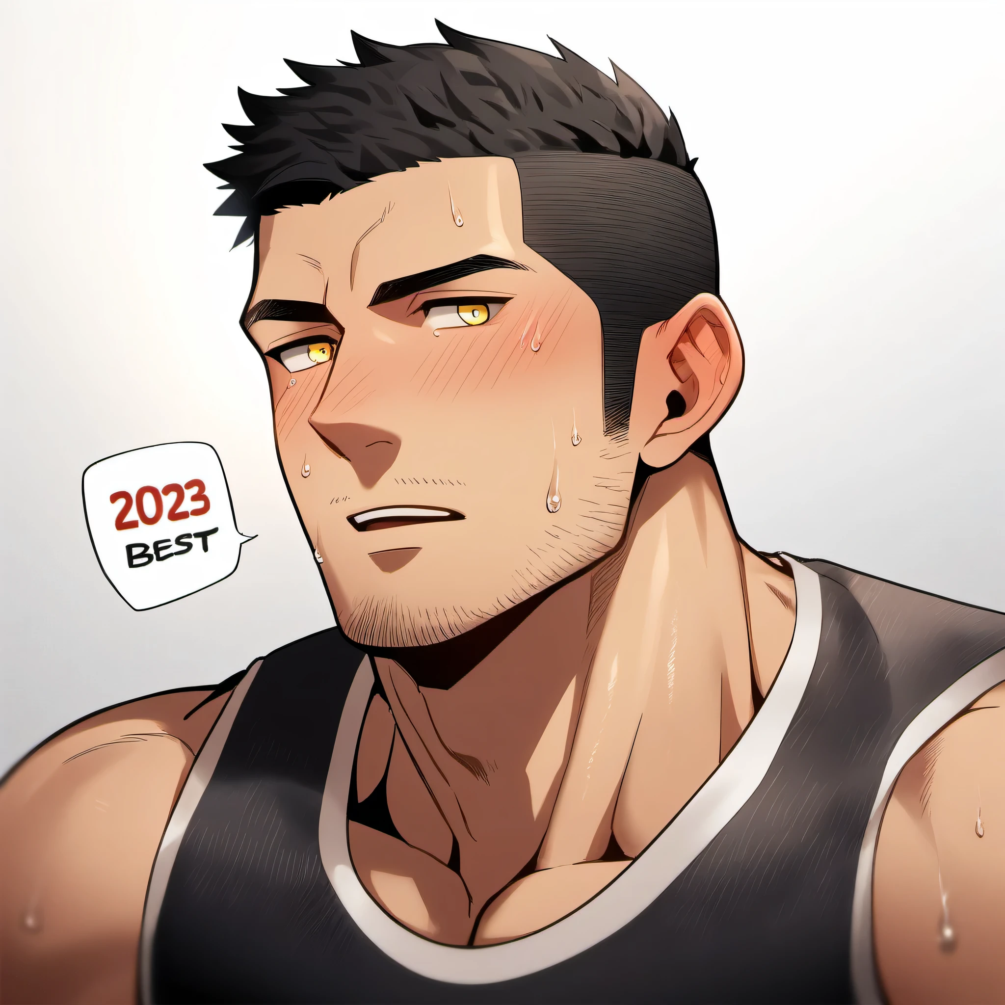 1 sports boy, male focus, Black tight vest, muscular male, muscular, only, Upper body, alone, look to the side, dialog box, short hair, stubble, blush, Sweat, black hair, yellow eyes, open lips, White background, simple background, amazing quality, best aesthetics, Ridiculous, 2023, short hair, moan, best quality