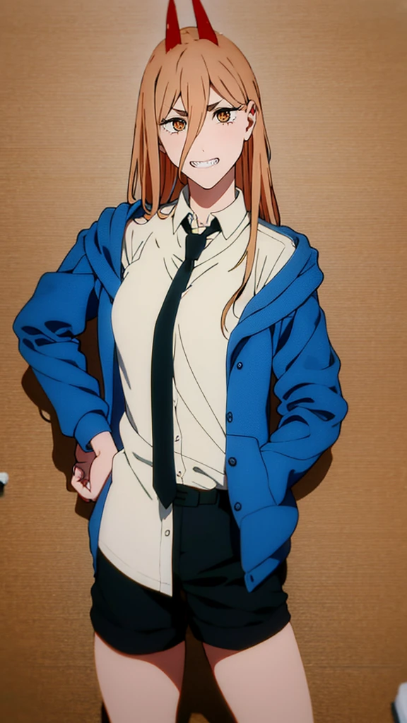 (masterpiece, best quality:1.2), cowboy shot, solo, 1girl, power \(csm\), sharp teeth, grin, looking at viewer, cross-shaped pupils, blue jacket, collared shirt, black necktie, black pants, holding a white cat, dinamic poses