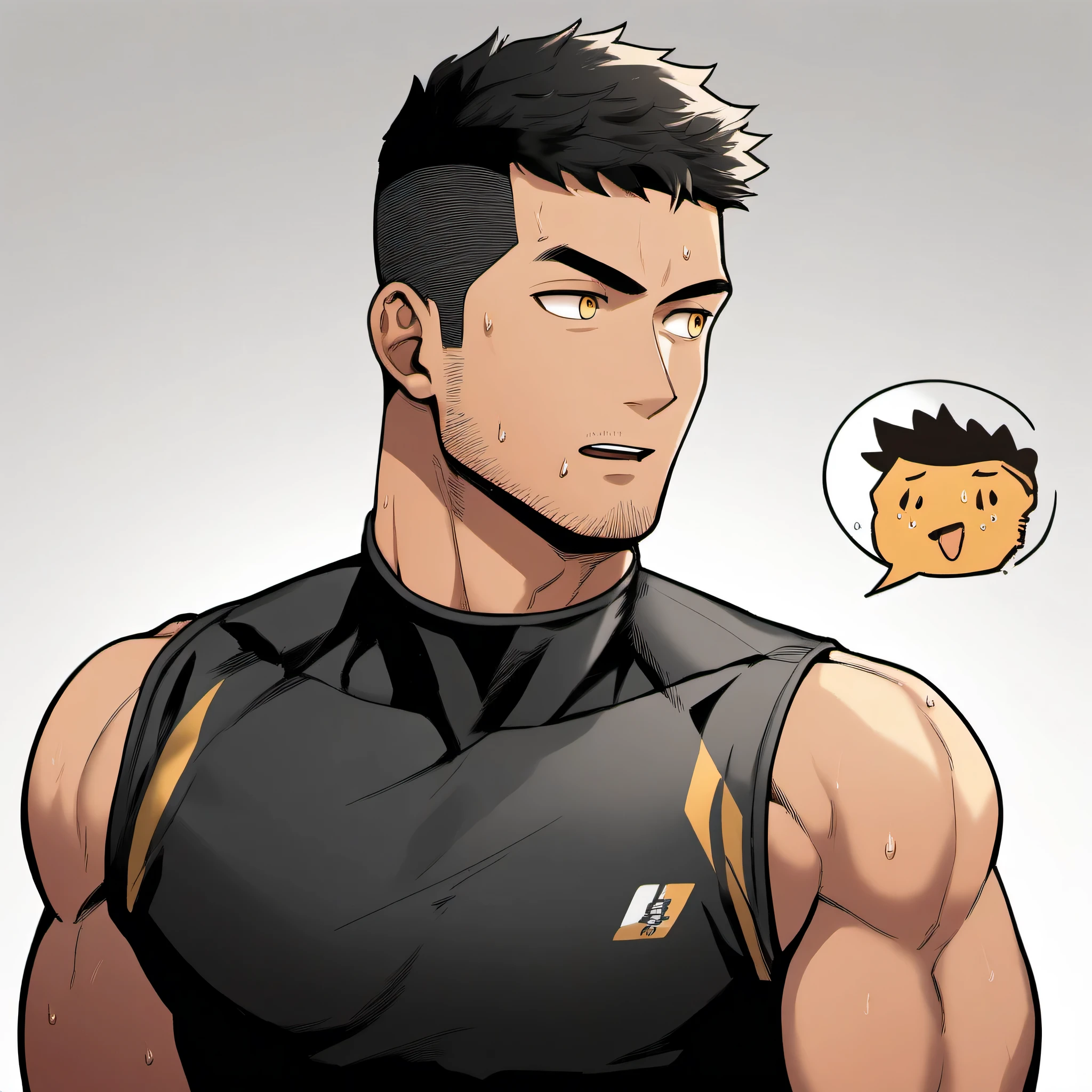 1 sports boy, male focus, Black tight vest, muscular male, muscular, only, Upper body, alone, look to the side, dialog box, short hair, stubble, Sweat, black hair, yellow eyes, open lips, White background, simple background, amazing quality, best aesthetics, Ridiculous, 2023, short hair, moan, best quality