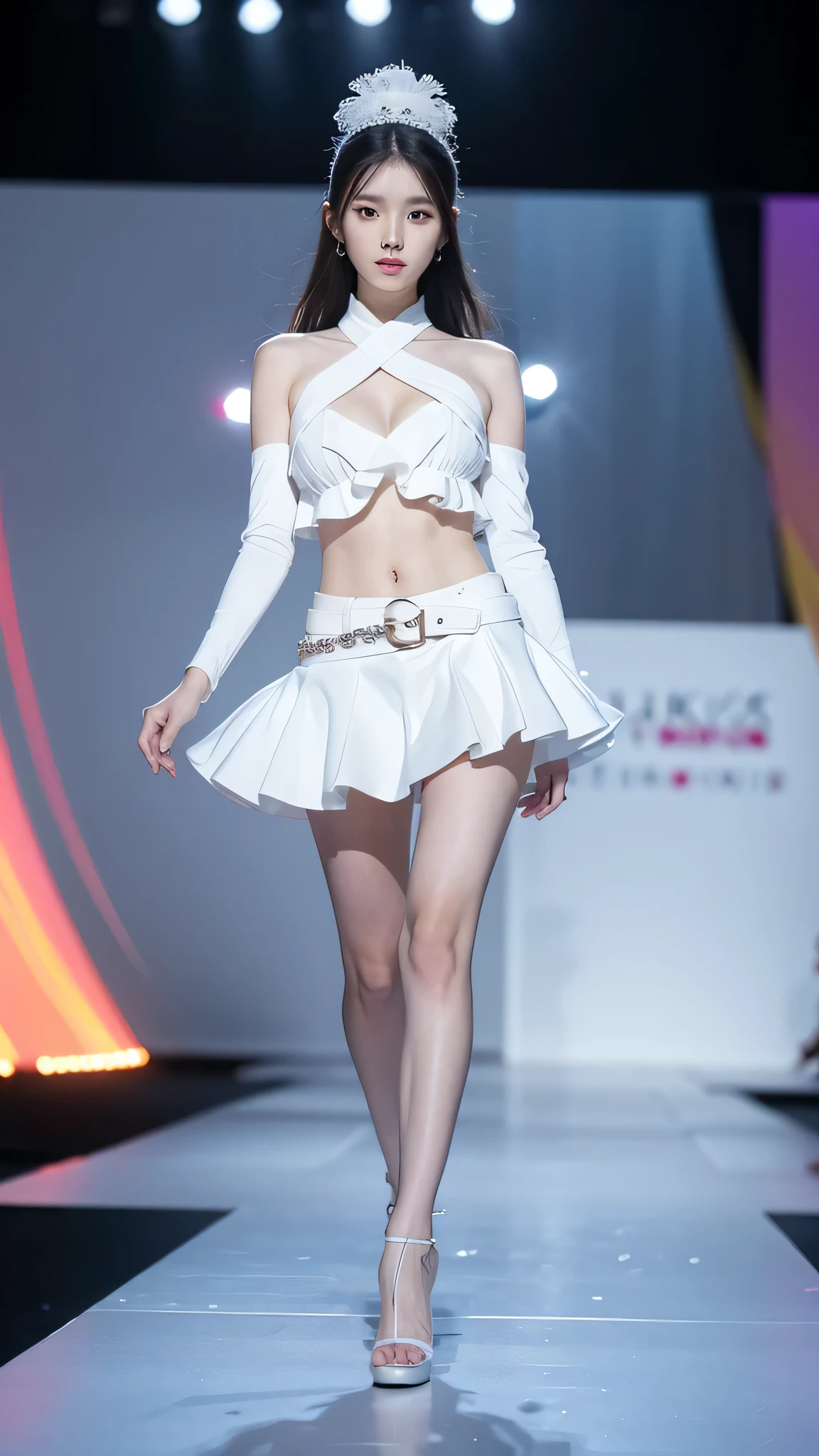 A woman in a white miniskirt walks on the runway, fashion runway, Colorful fashion, crazy fashion show, simple fashion dress, catwalk photos, Creativity in fashion design, decorate, Colorful、Fantastic costumes, fashion model, high fashion design, runway photos, Colorful的服装, belly button, long legs, Chinese girl, Beautiful lines, big breasts, split, Manners are elegant
