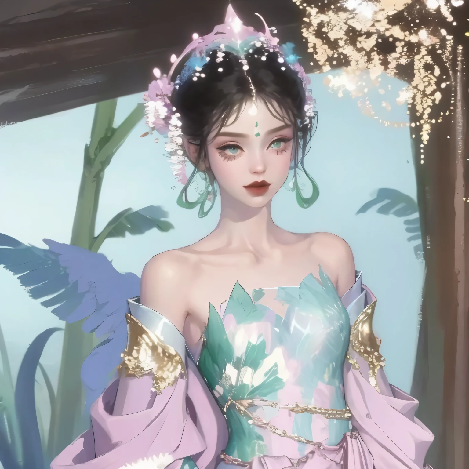 With pink flowers on the head，no loose hair，All tied up neatly，Green gem fringe hair accessories hang naturally to both sides, green earrings，Hanfu, one shoulder，Arms wrapped in gauze，charming eyes，Korean makeup，Smile，Show collarbone，Lotus anthropomorphic，The demon incarnated as a lotus flower, Wearing ancient Chinese clothes,tie up all your hair，Oiran，Brow line、Wearing pink gauze，Close-up of doll in green dress, palace ， A girl wearing Hanfu, ancient chinese princess, Hanfu, one shoulder，Show collarbone，Queen of China, Wearing ancient Chinese clothes, Gurwitz&#39;s masterpiece, Matches ancient Chinese costumes, Inspired by Uemura Pine Garden, heise jinyao, detailed picture
