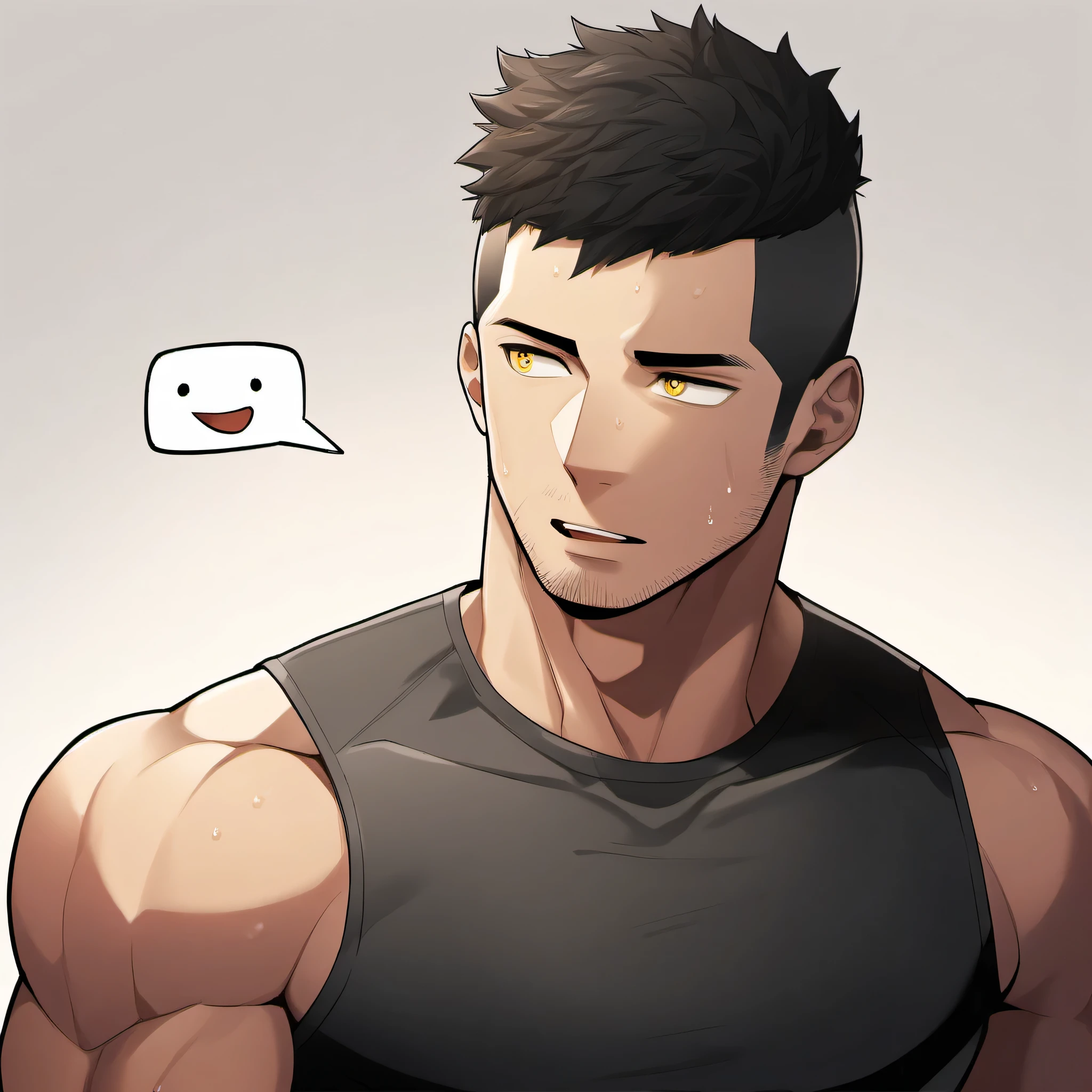 1 sports boy, male focus, Black tight vest, muscular male, muscular, only, Upper body, alone, look to the side, dialog box, short hair, stubble, Sweat, black hair, yellow eyes, open lips, White background, simple background, amazing quality, best aesthetics, Ridiculous, 2023, short hair, moan, best quality