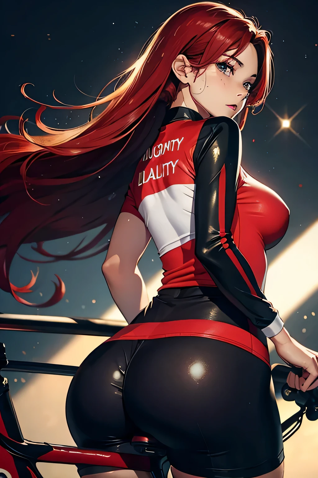 view from behind、butt、Focus on the butt、actual、Super high chroma、8k、Long red hair(((30 year old woman)))、((((She is wearing a black and red aerodynamic cycling jersey。))))、big breasts、Thick thighs、Pay attention to muscle development。bike shorts,pretty face, Highly detailed face and skin textures,(Eyes have small wrinkles, double eyelids, thin eyebrows, glitter eyeliner: 1.2, natural cheeks, skin shiny, White skin,, (glossy lips: 1. 4),Sweating 1.0、(((vitality)))