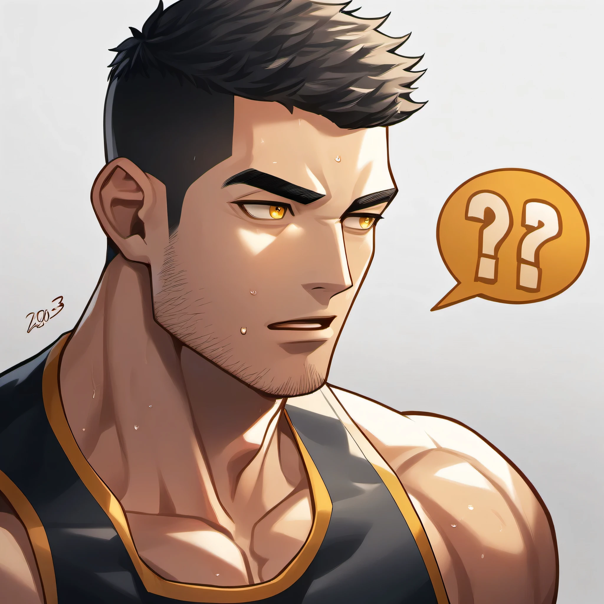 1 sports boy, male focus, Black tight vest, muscular male, muscular, only, Upper body, alone, look to the side, dialog box, short hair, stubble, Sweat, black hair, yellow eyes, open lips, White background, simple background, amazing quality, best aesthetics, Ridiculous, 2023, short hair, moan, best quality