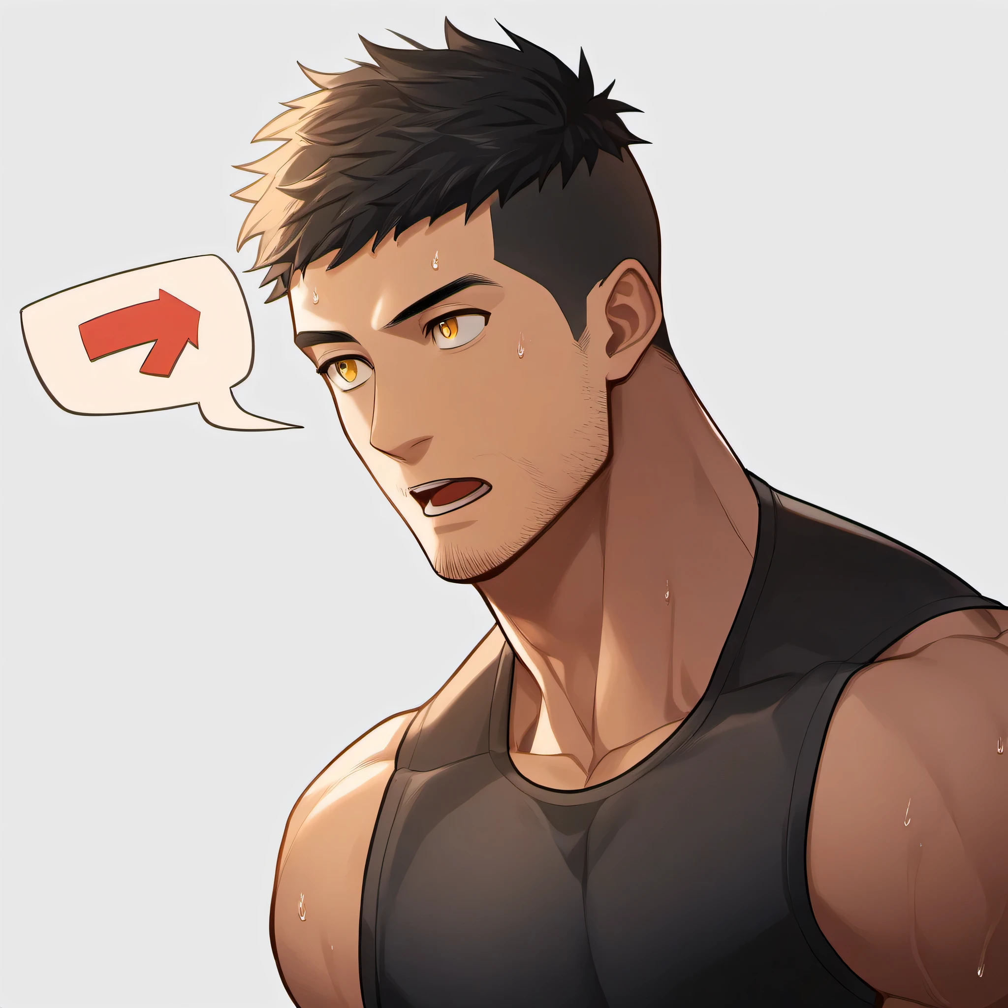 1 sports boy, male focus, Black tight vest, muscular male, muscular, only, Upper body, alone, look to the side, dialog box, short hair, stubble, Sweat, black hair, yellow eyes, open lips, White background, simple background, amazing quality, best aesthetics, Ridiculous, 2023, short hair, moan, best quality