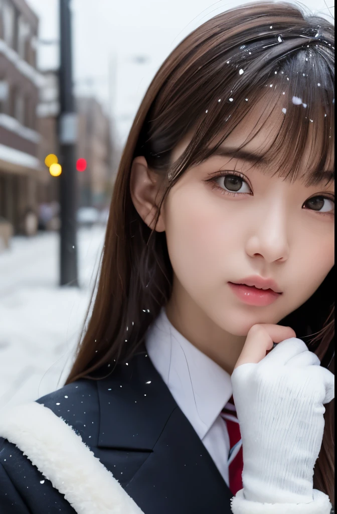one girl, (a beauty girl, delicate girl:1.3), (:1.3),
break, (Winter School Uniforms, cute uniform:1.3),
break, (Street view:1.3), (it's snowing:1.3), (wool gloves), perfectly trimmed fingers,
break, extremely fine-grained clarity, (symmetrical eyes:1.3),
break, small breasts, brown eyes, parted bangs, brown hair, girl,
break, (Eye and face details:1.0), (get closer to the face, zoom in on the face, face focus:1.0),
break, (masterpiece, highest quality, super detailed, detailed face, 8k)