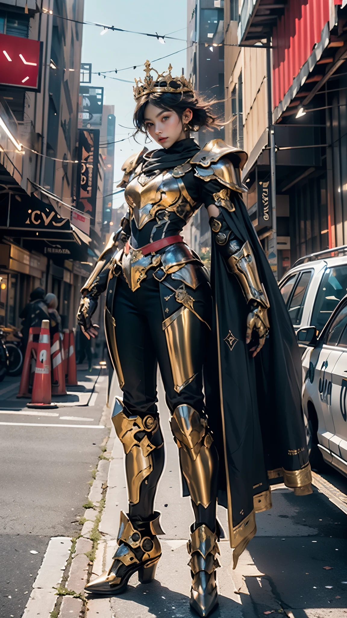 A woman adorned in fantasy-style full-body armor, a crown-concept fully enclosed helmet that unveils only her eyes, a composite layered chest plate, fully encompassing shoulder and hand guards, a lightweight waist armor, form-fitting shin guards, the overall design is heavy-duty yet flexible, ((the armor gleams with a golden glow, complemented by red and blue accents)), exhibiting a noble aura, she floats above the Futuristic city, this character embodies a finely crafted fantasy-surreal style armored hero in anime style, exquisite and mature manga art style, (Queen bee mixed with Spider concept Armor, photorealistic:1.4, real texture material:1.2, professional photo, cinematic), ((city night view, element, energy, elegant, goddess, femminine:1.5)), metallic, high definition, best quality, highres, ultra-detailed, ultra-fine painting, extremely delicate, anatomically correct, symmetrical face, extremely detailed eyes and face, high quality eyes, creativity, RAW photo, UHD, 32k, Natural light, cinematic lighting, masterpiece-anatomy-perfect, masterpiece:1.5