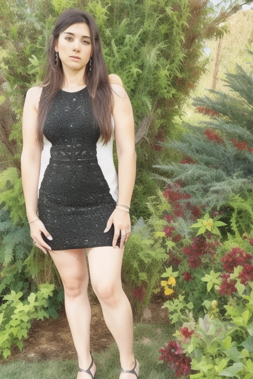 Araffe woman in a black dress standing in a garden., usando un vestido negro ajustado, around 20 years, foto de perfil, tiro lateral, usando un vestido negro, Toma de cuerpo completo!!, vistiendo un vestido negro, plano general de cuerpo completo, pose lateral, photogenic full body shot, minivestido corto, vestido apretado, lorena avarez, close Toma de cuerpo completo