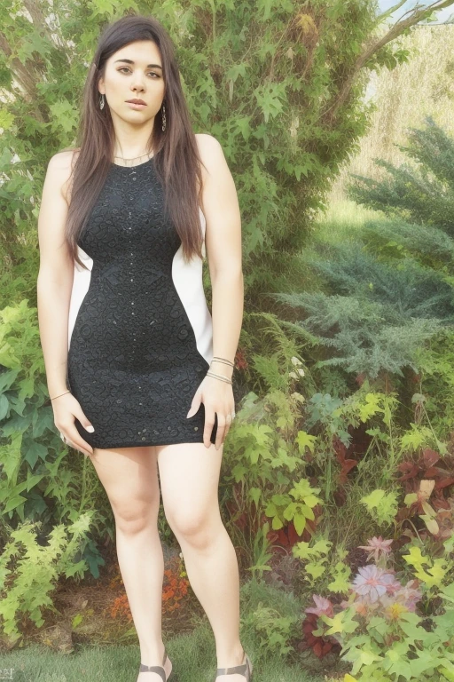 Araffe woman in a black dress standing in a garden., usando un vestido negro ajustado, around 20 years, foto de perfil, tiro lateral, usando un vestido negro, Toma de cuerpo completo!!, vistiendo un vestido negro, plano general de cuerpo completo, pose lateral, photogenic full body shot, minivestido corto, vestido apretado, lorena avarez, close Toma de cuerpo completo