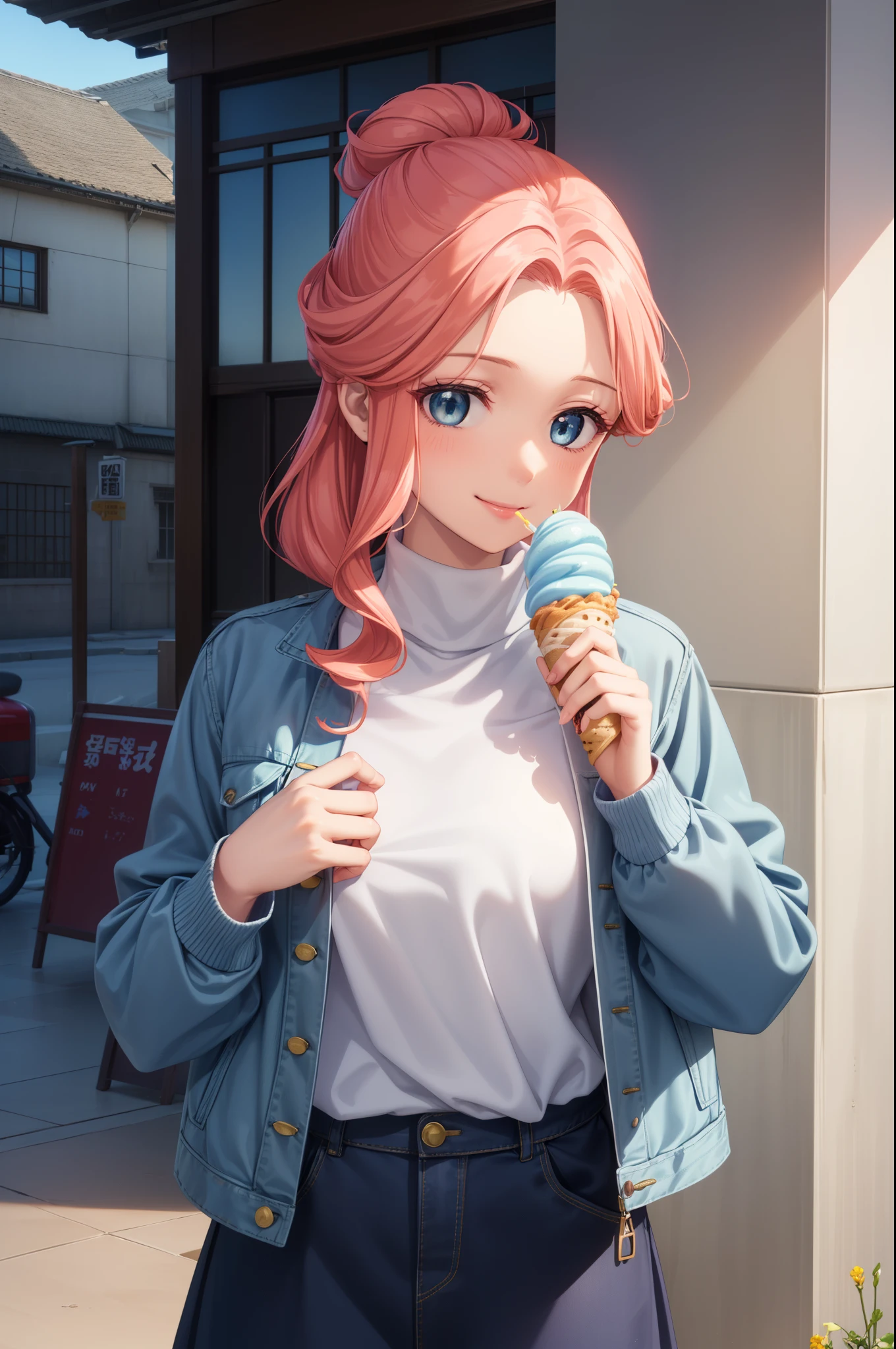 Gyokuha, Princess Gyokuha, (1 girl:1.), (alone:1.3), long hair, pink hair, bun hair, single hair, (white turtleneck sweater:1.3), (Denim Jacket:1.3), (denim long skirt:1.3), highest quality, High resolution, unity 8k wallpaper, (An illustration: 0.8), (fine and beautiful eyes:1.6), highly detailed face, perfect lighting, Detailed CG, (perfect hands, perfect anatomy), (smile:1.3), gentle smile, blush, In town, In front of the station, (eat soft serve ice cream), free pose