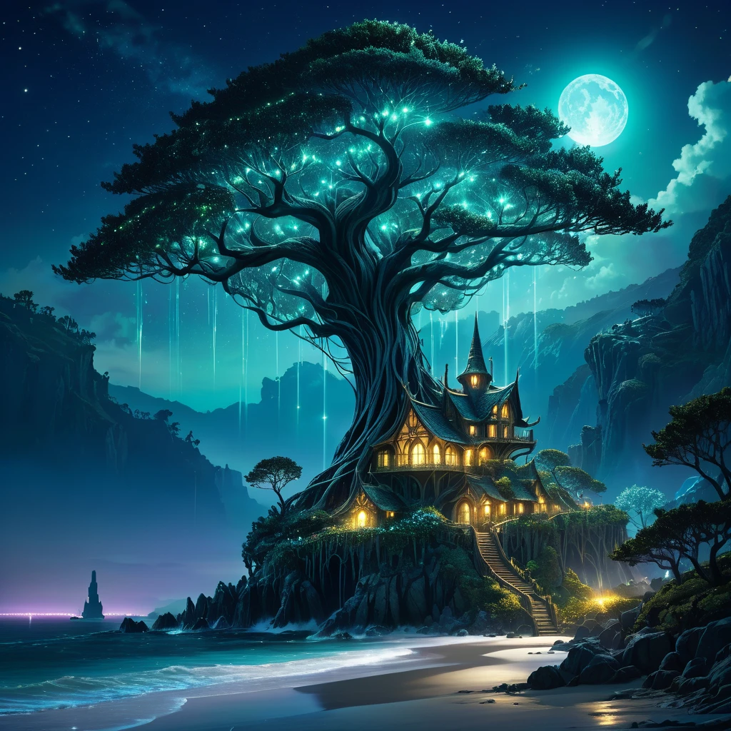 On a the shore of a fantasy world, an Elven tree city is near the coast, and on the coast is an immense tree with glowing nodules acting as a (light house), it is night, light tree is shining bright