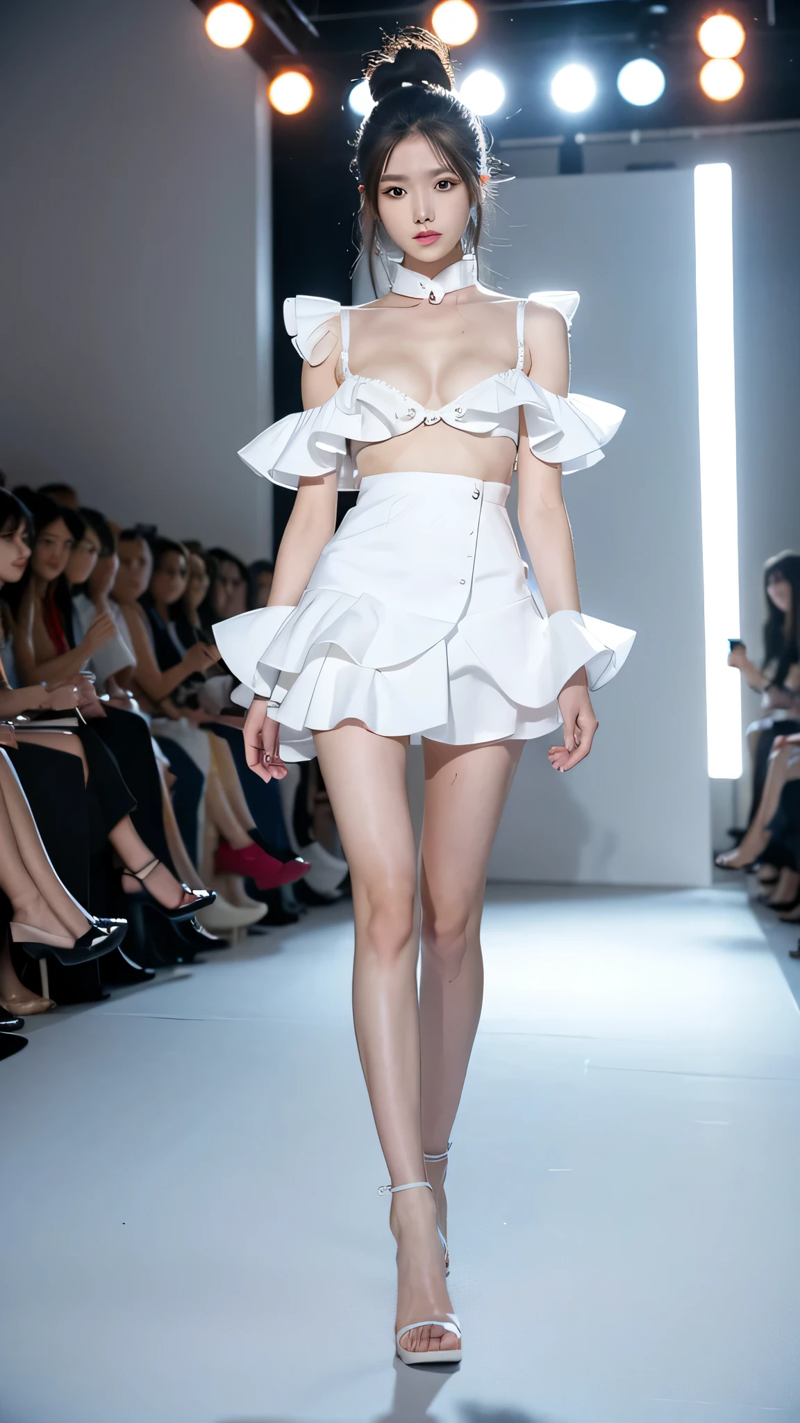 A woman in a white miniskirt walks on the runway, fashion runway, Colorful fashion, crazy fashion show, simple fashion dress, catwalk photos, Creativity in fashion design, decorate, Colorful、Fantastic costumes, fashion model, high fashion design, runway photos, Colorful的服装, belly button, long legs, Chinese girl, Beautiful lines, big breasts, split, Manners are elegant, 穿着带着decorate的白色吊带, High-heeled sandals, hip-covering skirt