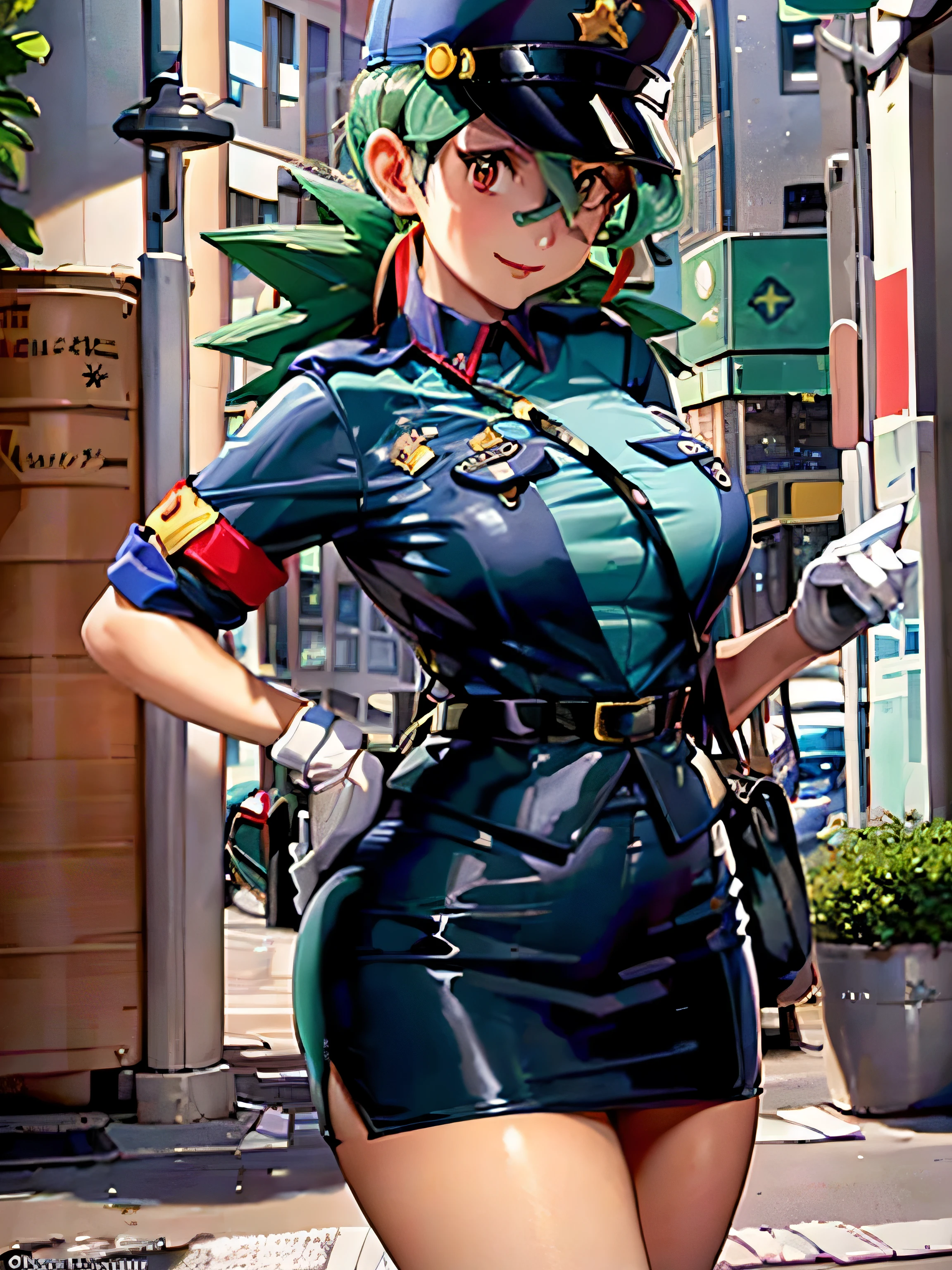 (masterpiece, best quality:1.2) officer jenny, pokemon, 1girl, solo, long hair, breasts, looking at viewer, smile, red eyes, green hair, huge breasts, green hair, white gloves, police hat, miniskirt, bag, star (symbol), uniform, blue skirt, hand on hip, blue shirt, pencil skirt, brown pantyhose, motor vehicle, ground, vehicle, police uniform, simple background, skirt suit, (((three-piece suit))), (((necktie))), blazer, (((suit jacket))), (((waistcoat))), double-breasted waistcoat, bodycon miniskirt, pencil skirt