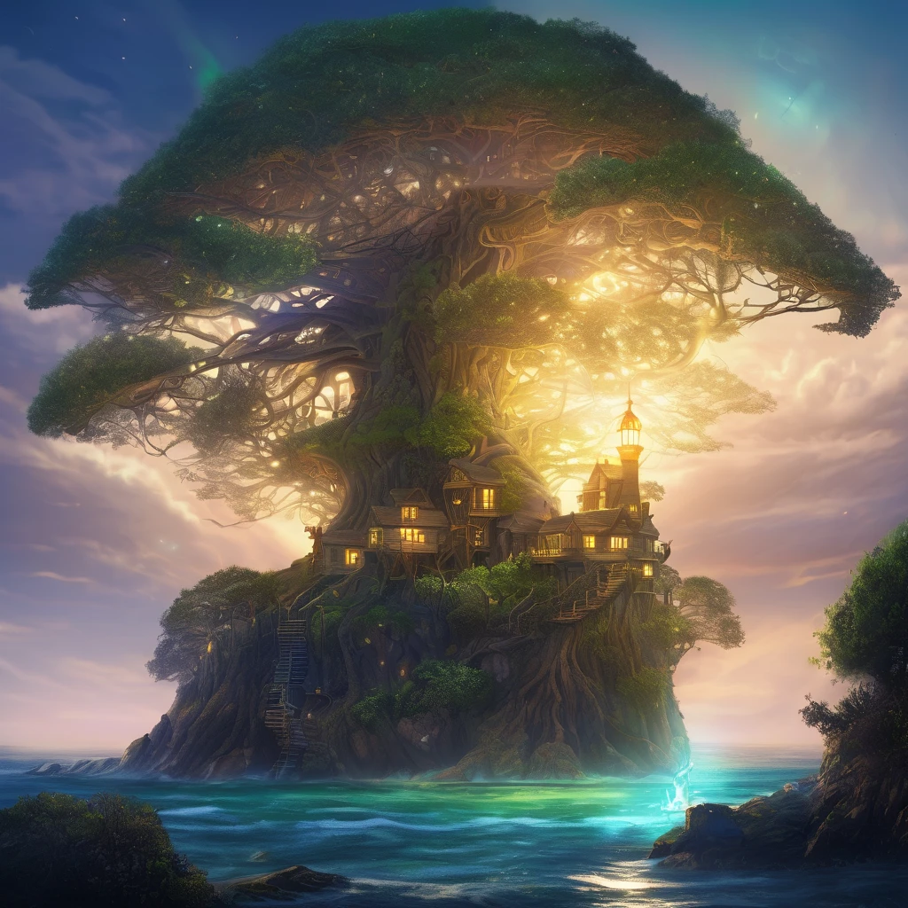On a the shore of a fantasy world, an Elven tree city is near the coast, and on the coast is an immense tree with glowing nodules acting as a (light house), it is night, light tree is shining bright