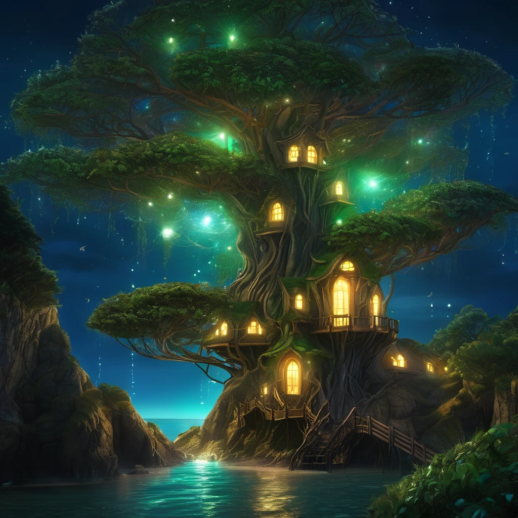 On a the shore of a fantasy world, an Elven tree city is near the coast, and on the coast is an immense tree with glowing nodules acting as a (light house), it is night, light tree is shining bright