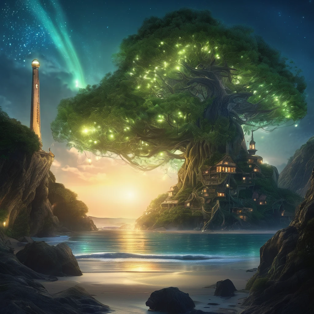 On a the shore of a fantasy world, an Elven tree city is near the coast, and on the coast is an immense tree with glowing nodules acting as a (light house), it is night, light tree is shining bright