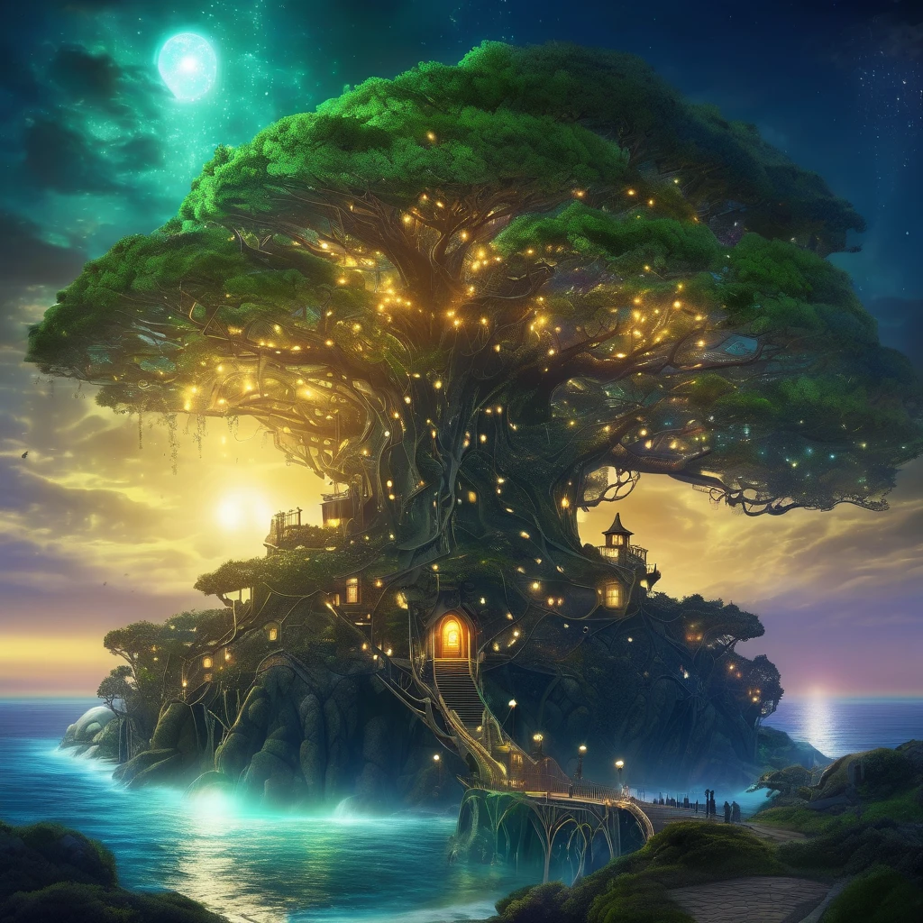 On a the shore of a fantasy world, an Elven tree city is near the coast, and on the coast is an immense tree with glowing nodules acting as a (light house), it is night, light tree is shining bright