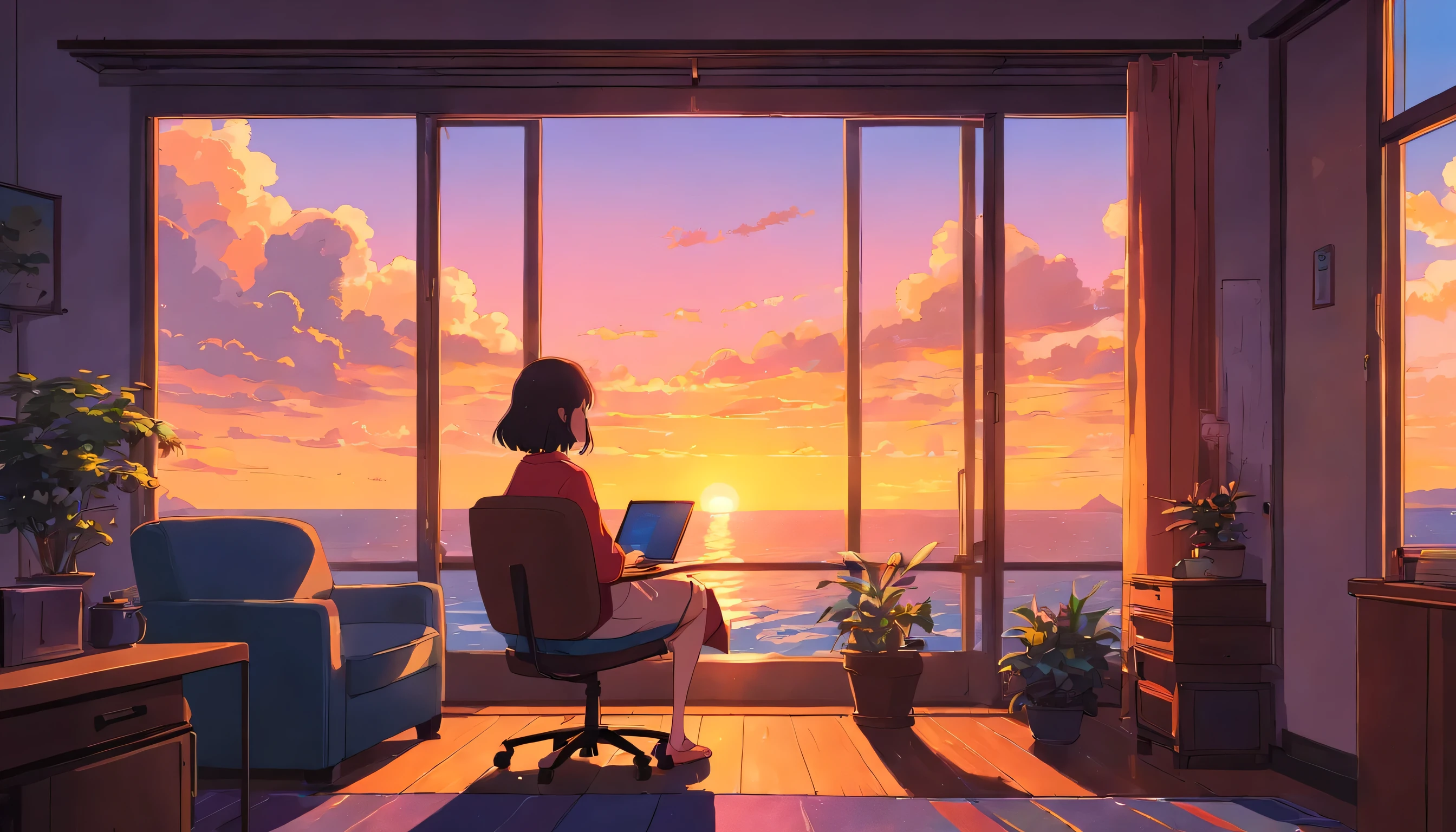 Anime girl sitting in a chair looking out a window at the ocean - SeaArt AI